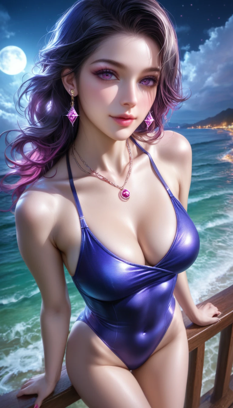 score_9, score_8_superior, score_7_superior, A masterpiece in 32K resolution,Highest quality,it is really amazing,Very detailed,Ultra-high resolution,(Ultra-realistic:1.5),(Realistic:1.5),Increased depth of field,Cinematic lighting,
(Sexy Japanese Women:1.1),
Long black hair,Ultra-detailed and beautiful face,(Gentle expression:1.1),Translucent white skin,(Realistic skin texture:1.1),
(Sexy Swimwear:1.1),
Bold design,Artistic design,Beautiful and detailed pattern,Detailed fabric texture,
Gorgeous necklace,Earrings,
Coastline at night,(Giant Moon:1.1),(Dark clouds floating in the dark night sky:1.1),
High angle,