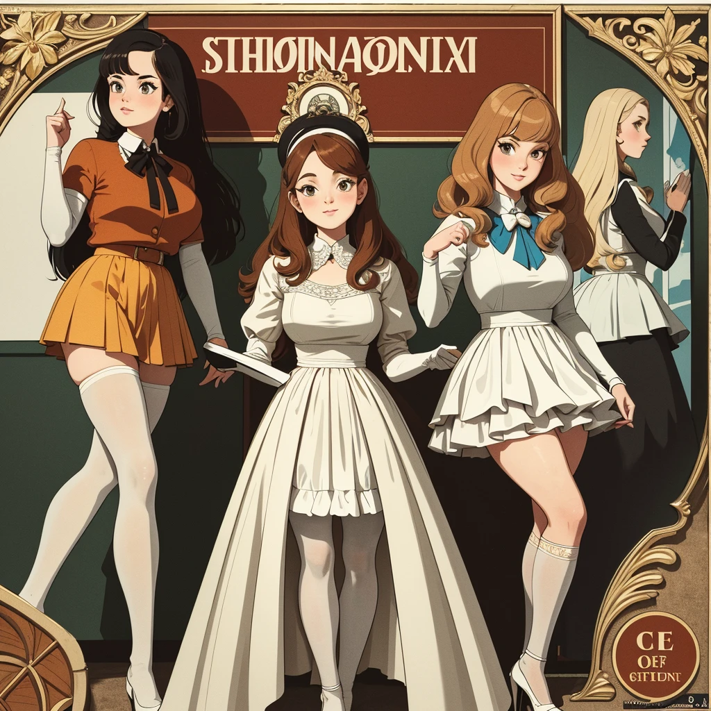 (masterpiece), (best quality), (The finest details), (General view from a distance), (Paper with worn edges), (Secondary Color: Cinnamon), A very beautiful group of schoolgirls,Sexy pose, very detailed face, Retro poster 60s with futuristic lettering', Western Future Scenery, night (Many stars, moon), shadow (detailed, Strong contrast)