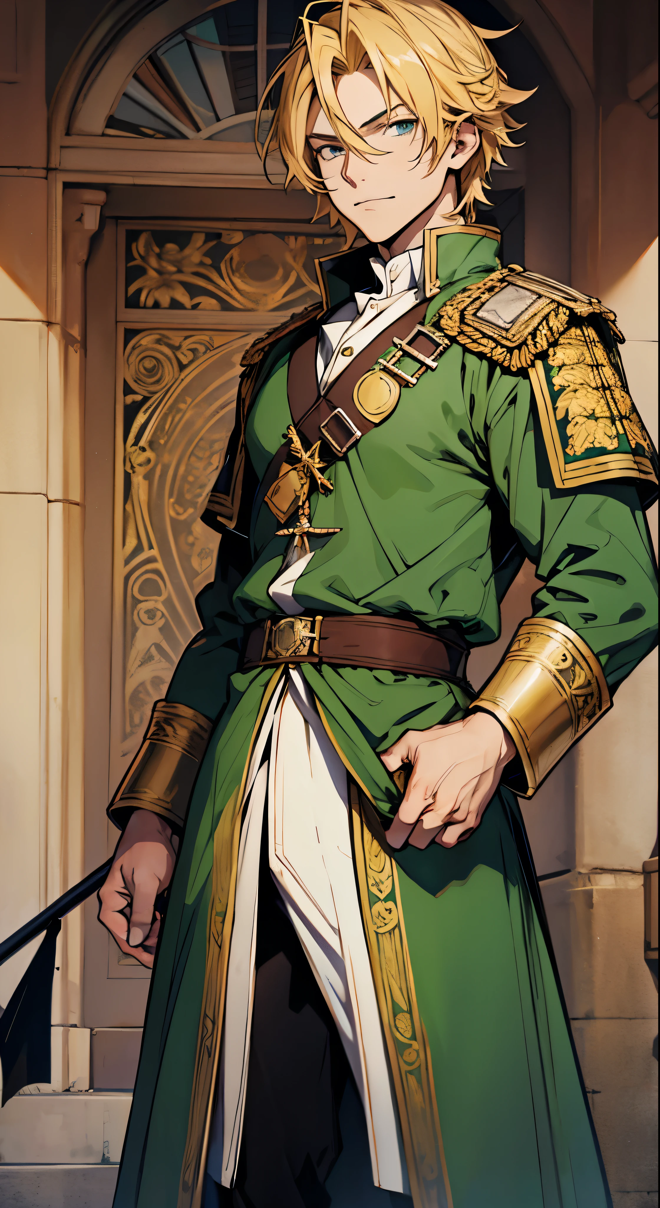 Niels Visser is、With golden blonde hair、Wearing a moss green medieval military uniform、The prince is looking straight ahead with his piercing emerald green gaze.。A full body with a sword stuck in his waist