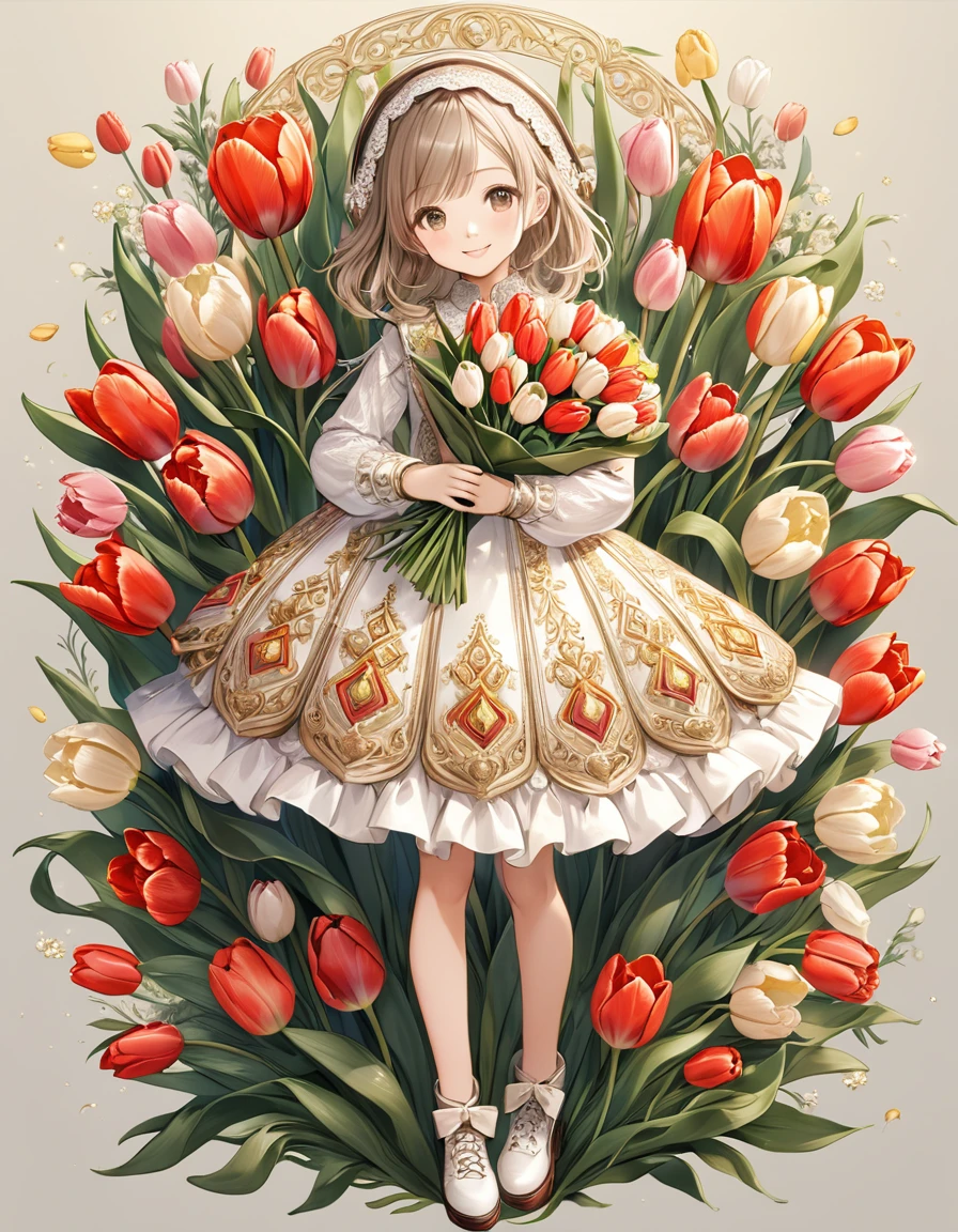 High resolution, ((Intricate details)), Very detailed, (A young girl showing a bouquet of tulips)、smile、whole body、