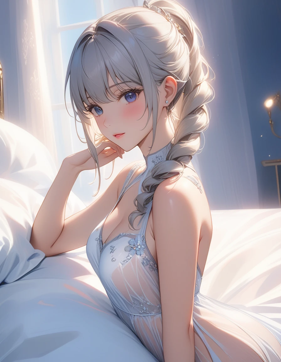 masterpiece, top quality, Super details, 8K, Detail lights, Detailed shadows, raw, (delicate skin), (real: 1.2),, 1 girl, silver hair, drill hair, White sexy transparent dress,Eye close-up,bed