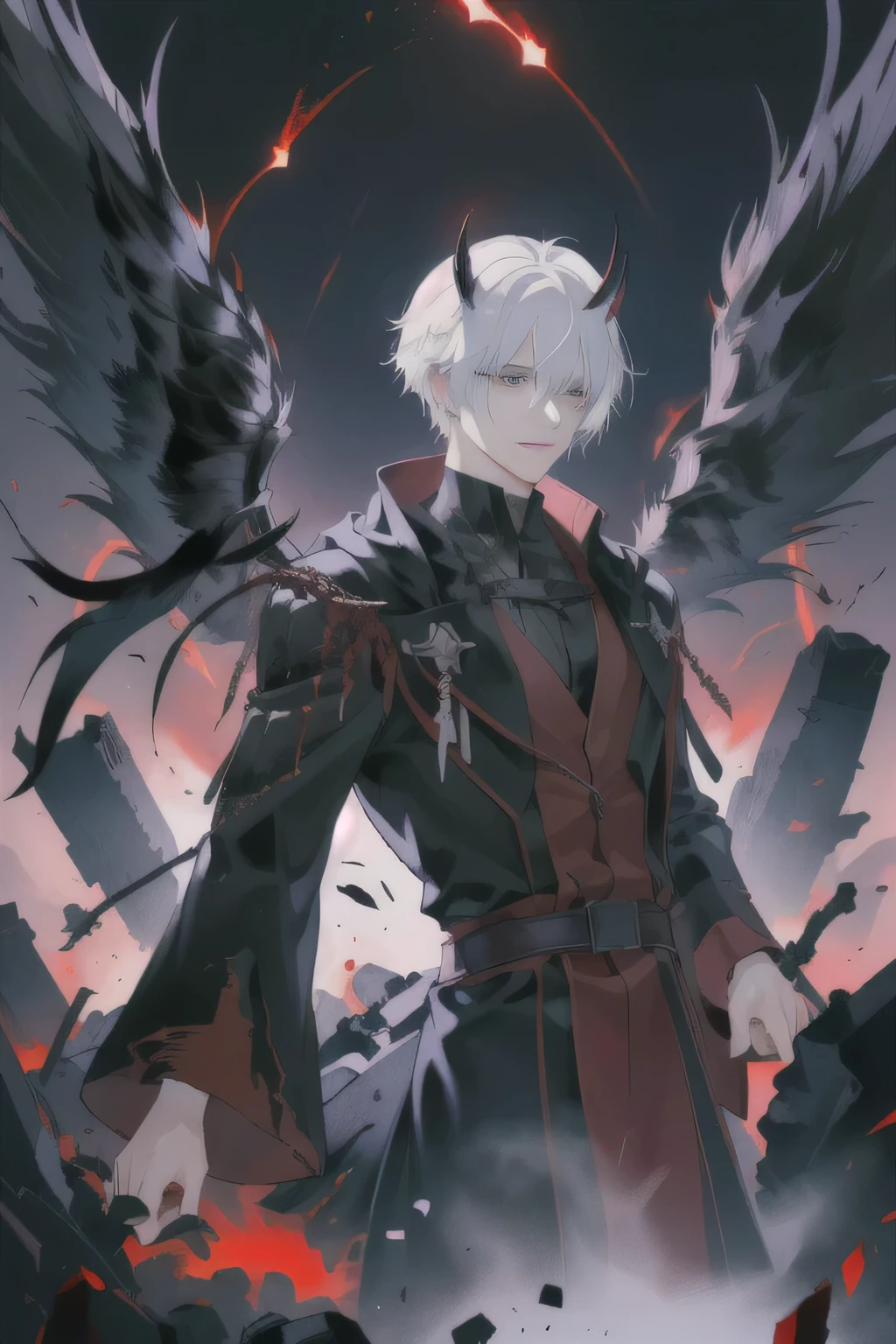 Anime characters in a dark room full of rubble, White hair，Very large hovering horns，Dark red and black robe，Black eyes，Sense of atmosphere，Suits，male，Black Wings