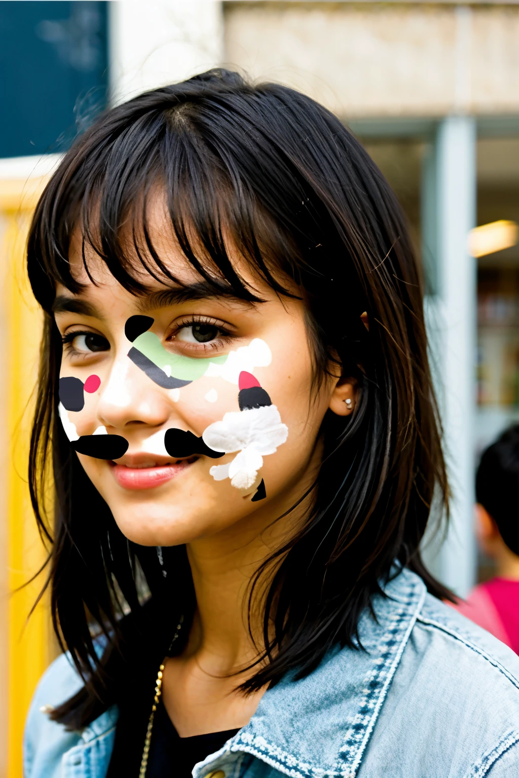 Create an image with the following characteristics; TRANSITION TEACHER, black hair, LONG AND DARK BROWN EYES, Brown skin, ROUND FACE AND ALTERNATIVE EYES.
They can accompany a boy and a girl on both sides.
The image background must be appropriate to the transition level