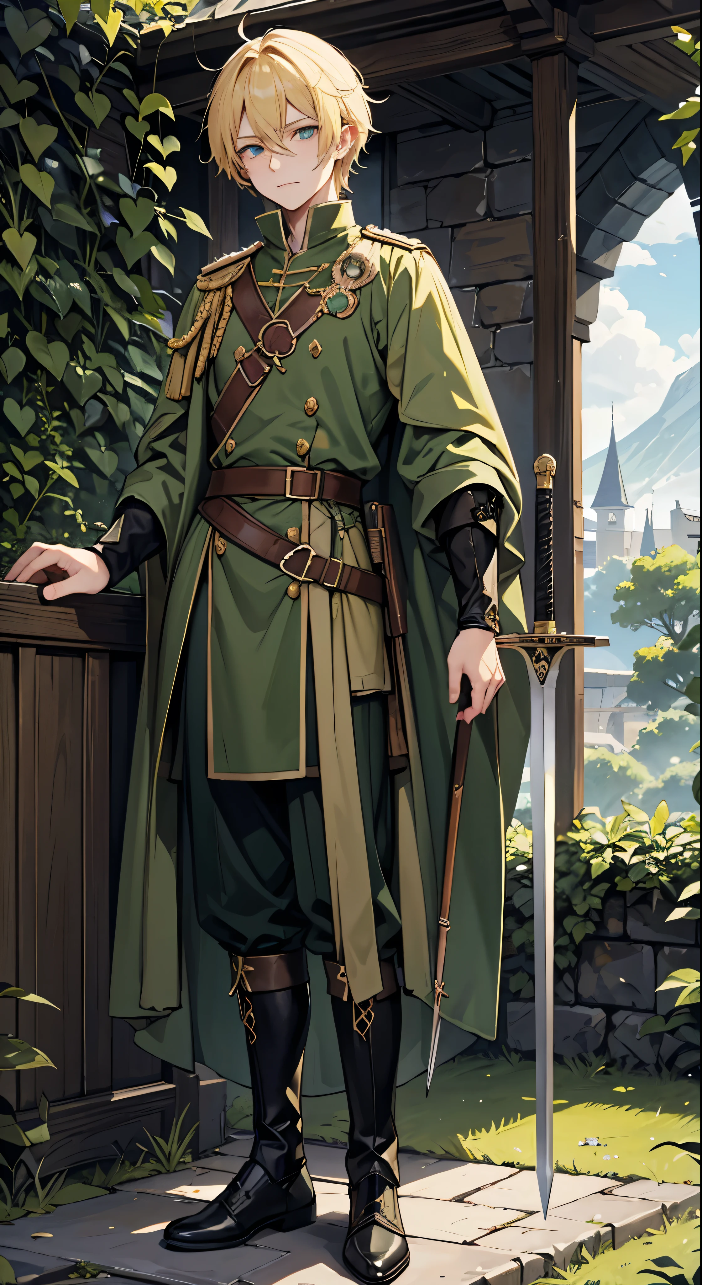 Niels Visser is、With golden blonde hair、Wearing a moss green medieval military uniform、The prince is looking straight ahead with his piercing emerald green gaze.。A full body with a sword stuck in his waist