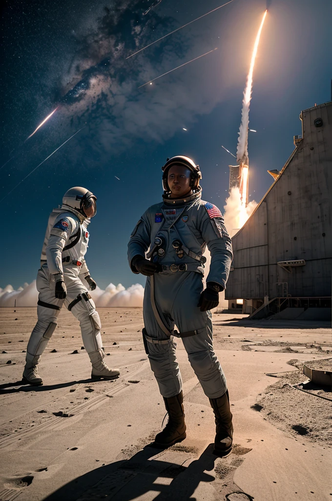 A dynamic sequence showcasing the excitement of rocket launches, the bravery of astronauts, and the tension of Cold War-era moments, all intertwined to highlight humanity's quest for space exploration.