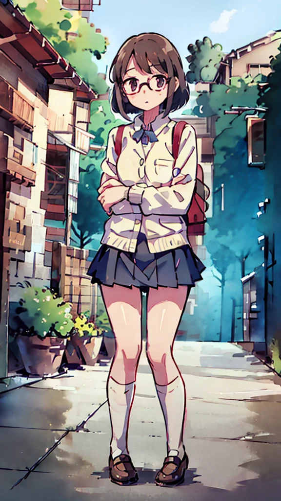 A schoolgirl with short brown hair and red-framed glasses, wearing a white blouse and navy skirt, white panties visible, navy socks and brown loafers, in a state of arousal and trembling with sexual climax, simple illustration style, in a nichijou (everyday life) setting, masterpiece, best quality, 4k, hdr, photo-realistic, hyperdetailed, vivid colors, dramatic lighting