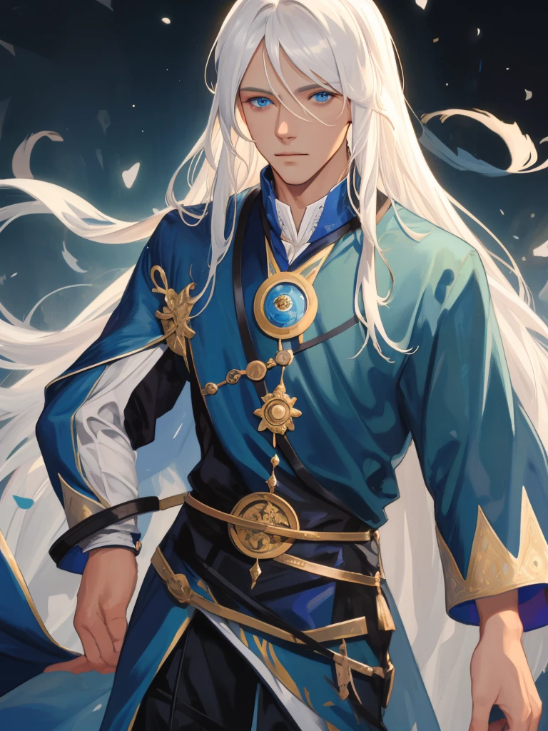 nsfv, masterpiece, Best quality, ultra detailed, realistic, 1 adult male, long straight platinum hair, long bangs, blue eyes, wearing ancient magician's clothes, tanned skin, magic.