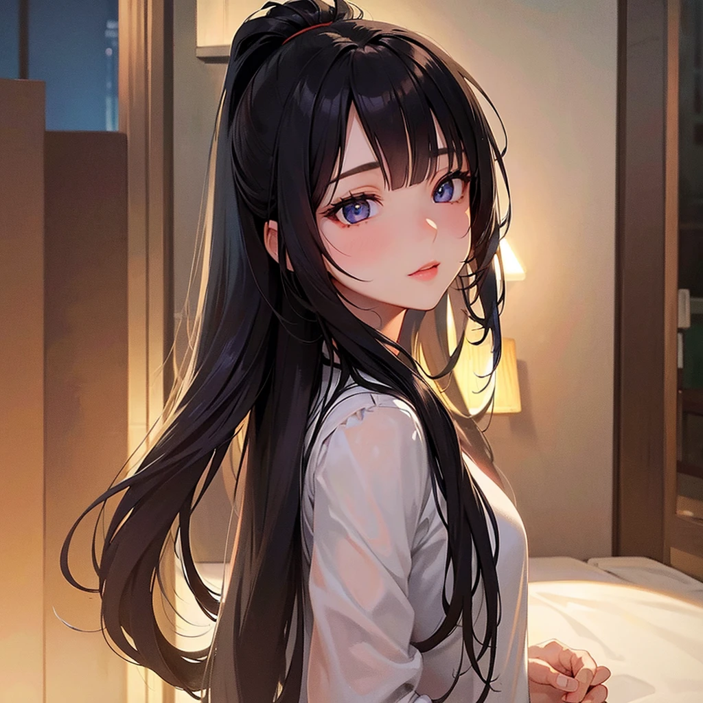 masterpiece, Best Quality, Very detailed, 1 girl beautiful face, Long black hair in a ponytail, Very detailed eyes, bright Eyes, evening, penis in the face, big penis, penis over one eye.