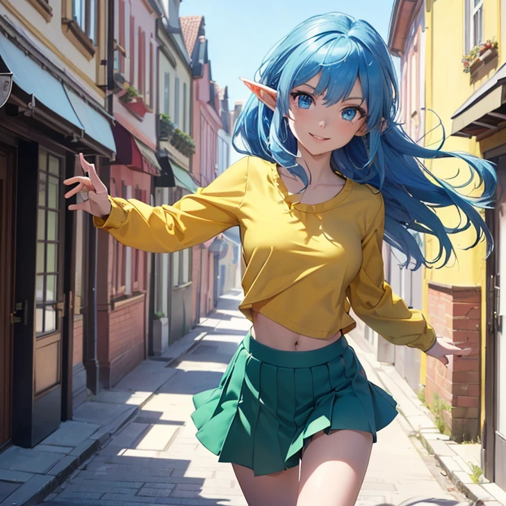 Absurdres, masterpiece, highest quality, very detailed features and textures, alone solo character, anime style, fantasy genre
{{( blue haired elf girl: (pale skin, short messy spiky sapphire blue hair, heterochromatic eyes, very thin lips, nice teenage bodyeasts, big butt, beautiful arms, beautiful legs, happy face, open smile, open arms, running free and hapy), (yellow shirt, green skirt, pink shoes), (danish city street, sunny morning, danish houses around)}}