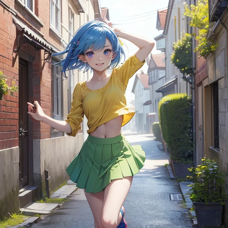 Absurdres, masterpiece, highest quality, very detailed features and textures, alone solo character, anime style, fantasy genre
{{( blue haired elf girl: (pale skin, short messy spiky sapphire blue hair, heterochromatic eyes, very thin lips, nice teenage bodyeasts, big buttiful arms, biful legs, happy face, open smile, open arms, running free and hapy), (yellow shirt, green skirt, pink shoes), (danish city street, sunny morning, danish houses around)}}