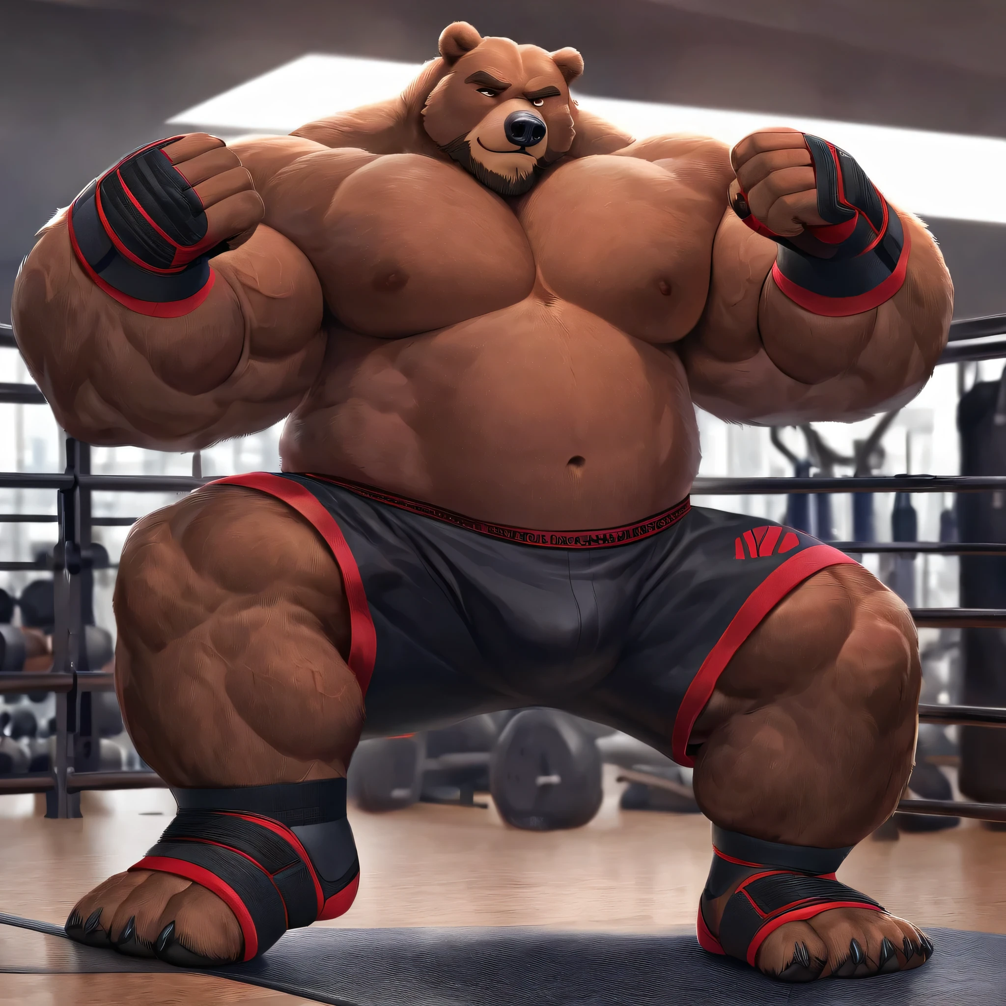 Solo, 1boy, huge muscular kodiak brown bear in big gym fitness center, big smirking, kodiak bear, huge brown fur, thick arms, huge arms, big fists, veins all over arms and chests, bald, big brown mustache and beard, (muscular, pectoral, wide pectoral, thick arms), HEIGHT: 220CM, WEIGHT: 320KG, gym sets, workout equipments, ring, punching bag, realistic, 8k, masterpiece, added cinnamon colored eyebrows, deatiled eyes with red pupils, (wearing black mixed martial arts shorts with red slits, black mixed martial art fingerless gloves with red pads, black toeless footwear tapes, shirtless and topless), punching and kicking techniques,