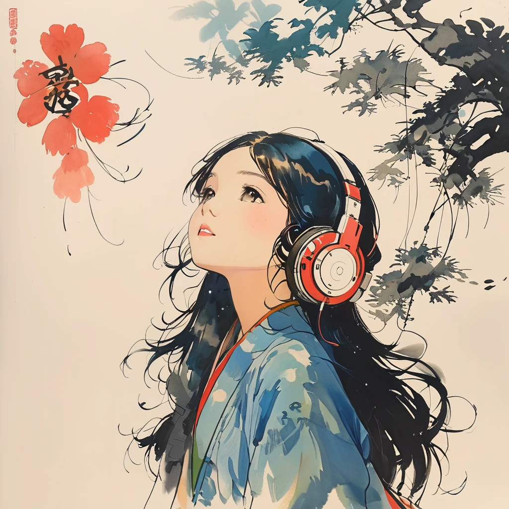 sketch、The Style of Kawanabe Kyosai、girl、Headphones、Long Hair