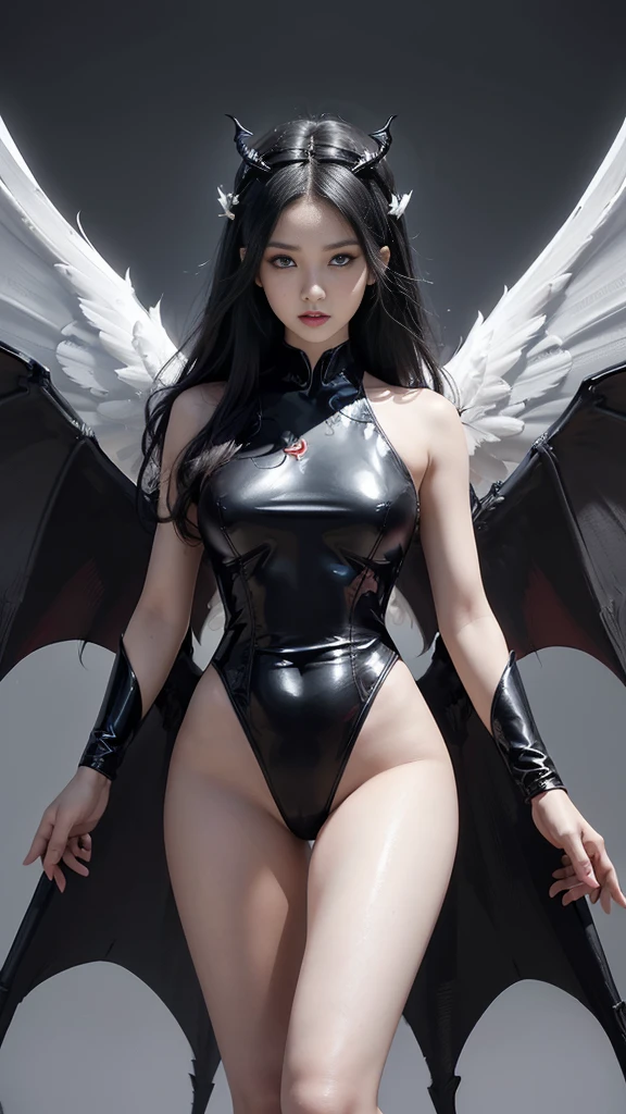 emphasis on wings, wings on shoulder, Angel wings and devil wings, white wings and black wings, (Realistic picture, highest resolution, 16ก), (A demon god with wide wings and enormous power on his shoulders..., Twelve wings on the shoulders., black bat wings:1.3 white angel wings:1.5), 6 angel wings, 6 devil wings, (Beautiful girl with two meter long hair, shiny black hairงาม, Smooth white skin, Lips are very red.), ((stand, already)), (big breasts, หัวBig tits), (gigantic breast, breast augmentation, Breast 400 cc., small waist, hips raised, small thighs, Long legs), (dynamic poses), (Armor that slightly conceals the body), Separate theme, (Angel wings and devil wings), floating in the air above the groundดิน, background darkness, Embraced with twelve wings, The horns that grow from the head are like a crown., He who has light, wears little armor, There is power coming out of the body., sparkling wings, white light black light, amazing wings, beautiful gesture, 8K resolution, Resolution 4000 x 2250 pixels, beautiful gesture, Angel wings and devil wings, (Realistic picture, highest resolution, 16K), (A demon god with wide wings and enormous power on his shoulders.., Twelve wings on the shoulders., black bat wings:1.3 white angel wings:1.5), Angel wings and devil wings, white wings and black wings,, Have wings 100 Have wings 1000, Angel wings and bat wings, wings inserted between wings, 12 wings, 6 angel wings, 6 bat wings, Angel wings and devil wings, white wings and black wings,, (Beautiful girl with two meter long hair, shiny black hair, Smooth white skin, Lips are very red.), very long hair, ((stand, toe)), (big breastsโต, หัวBig tits), (gigantic breast, small waist, hips raised, small thighs, Long legs), (dynamic poses), (black and white leotard, There are beautiful patterns., Decorated with gold embroidery., Show off your chest), Separate theme, (Angel Wings and Demon Lord Wings), floating in the air above the ground, background darkness, Embraced with twelve wings, He is white and black., A rainbow glow on the back of the head, The most busty breasts, Big tits, universe backdrop, dynamic gesture, Drive the skin, Smooth white skin, (The wings are in layers, alternating with white, alternating with black. The wings are alternating with layers of white, alternating with layers of black, and alternating again.), gold pattern set