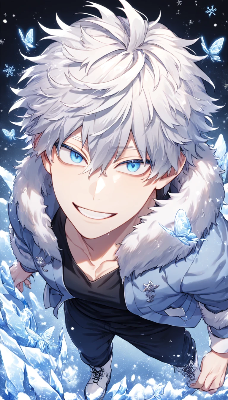 absurdres, highres, ultra detailed, HDR, master piece, best quality, extremely detailed face, delicated features, Gojou Satoru, white hair, messy hair, hair between the eyes, expressive blue eyes, white eyelashes, Boku No Hero Academia, solo, sexy man, handsome, sensual, smiling, light-blue jacket with fur, black shirt, black pants, white boots, fantasy, magical, ice, snow, ice butterflies, snowflakes, ice flowers, ice background