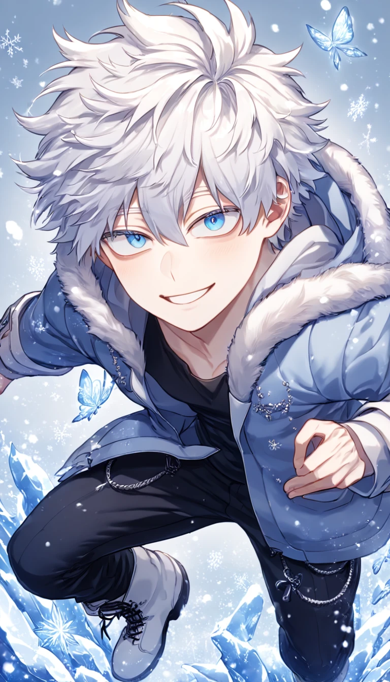 absurdres, highres, ultra detailed, HDR, master piece, best quality, extremely detailed face, delicated features, Gojou Satoru, white hair, messy hair, hair between the eyes, expressive blue eyes, white eyelashes, Boku No Hero Academia, solo, sexy man, handsome, sensual, smiling, light-blue jacket with fur, black shirt, black pants, white boots, fantasy, magical, ice, snow, ice butterflies, snowflakes, ice flowers, ice background