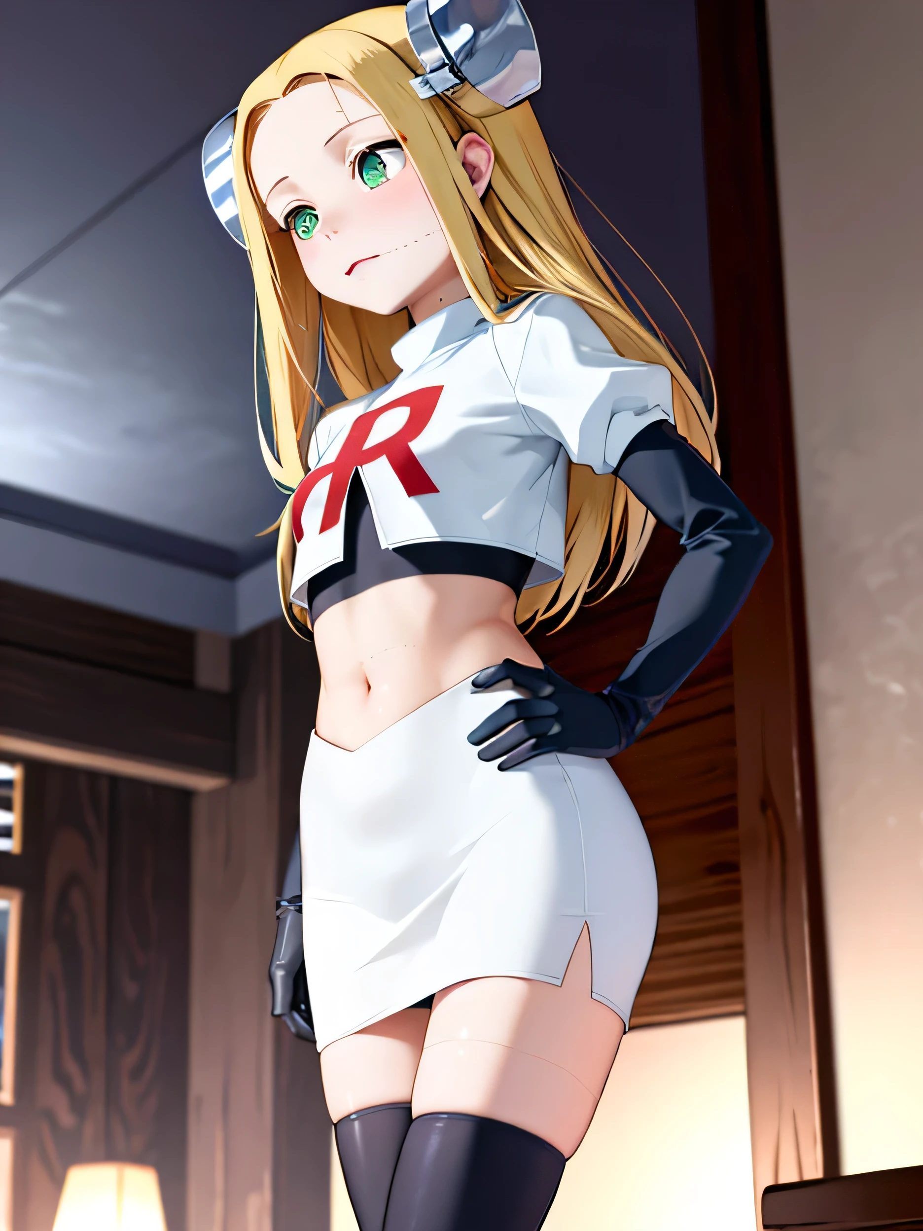 ((masterpiece, Highest quality)), (One Girl), (alone), (Focus on women), (Ash Blonde Hair, Long Hair, One-eyed hair), Green eye,  eye, Cold look, Cold look, Pale skin, Color Grading, Dark illustration, Superior Quality, Shine, Very detailed, ultra-Detailed face, ultra hd 8k, Ultra-digital, Mythical, Dark lightning, Perfect Face, beautiful, (Perfect composition: 1. 4), Detailed face and body, Award-winning photography , Detailed face, Wonderful hands, Looking at the audience, Cinematic Lighting, (Necromancer), (Villain), (masterpiece, Highest quality, Very detailedな, Best Shadow), (beautiful Detailed face, Feminine characteristics), (Best lighting), ((Cinematic Light)), colorful, Hyper Detail, Dramatic Light, Intricate details, (Bear under the eye), Decadence, wonderful, spooky, (Fran Madaragi), Team Rocket,Team Rocket uniform, Red letter R, White Skirt,White crop top,Black thigh-high boots, Black elbow gloves,blush, Looking down at the viewer, Hands on hips, Film a moving scene where an untold chapter is written on the pages of a diary, Telling mysteries and untold stories. Indoor or soft lighting environments should be well lit, It allows you to capture detailed images that capture the texture and fine details of diary pages.. Use a 50mm lens for a focused perspective, Emphasise the diary and the air of mystery. Eye-catching high-resolution images that capture the essence of the untold chapters in the diary. Art StationやDribbleなどのプラットフォームで、Get inspired by photographers who excel at capturing texture and mystical atmosphere。.