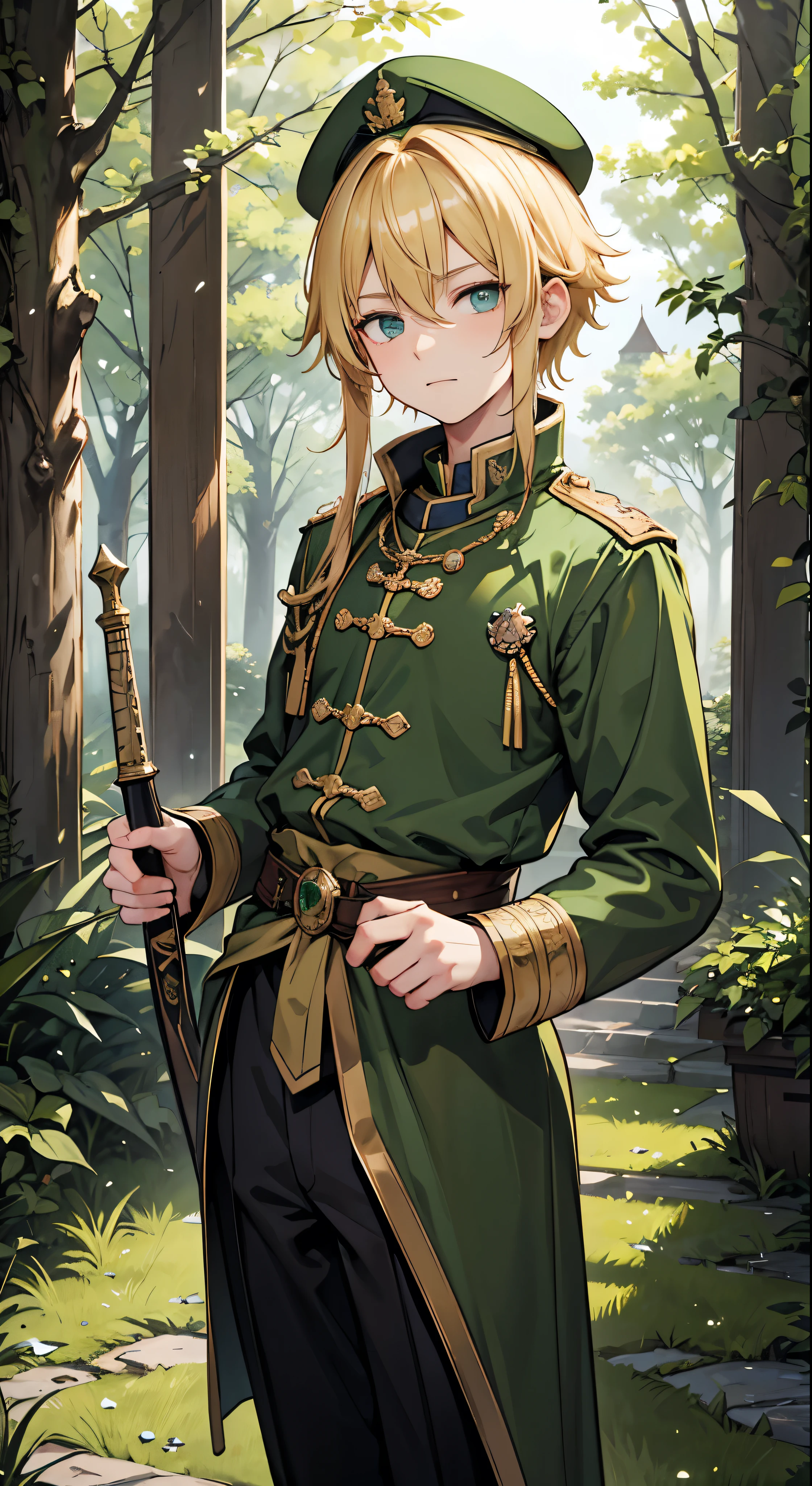 Niels Visser is、With golden blonde hair、Wearing a moss green medieval military uniform、The prince is looking straight ahead with his piercing emerald green gaze.。A full body with a sword stuck in his waist