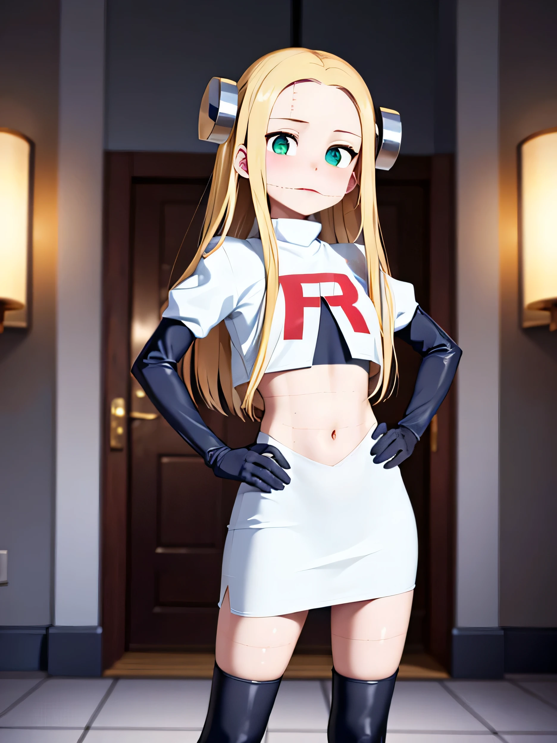 ((masterpiece, Highest quality)), (One Girl), (alone), (Focus on women), (Ash Blonde Hair, Long Hair, One-eyed hair), Green eye, eye, Cold look, Cold look, Pale skin, Color Grading, Dark illustration, Superior Quality, Shine, Very detailed, ultra-Detailed face, ultra hd 8k, Ultra-digital, Mythical, Dark lightning, Perfect Face, beautiful, (Perfect composition: 1. 4), Detailed face and body, Award-winning photography , Detailed face, Wonderful hands, Looking at the audience, Cinematic Lighting, (Necromancer), (Villain), (masterpiece, Highest quality, Very detailedな, Best Shadow), (beautiful Detailed face, Feminine characteristics), (Best lighting), ((Cinematic Light)), colorful, Hyper Detail, Dramatic Light, Intricate details, (Bear under the eye), Decadence, wonderful, spooky, (Fran Madaragi), Team Rocket,Team Rocket uniform, Red letter R, White Skirt,White crop top,Black thigh-high boots, Black elbow gloves,blush, Looking down at the viewer, Hands on hips, Film a moving scene where an untold chapter is written on the pages of a diary, Telling mysteries and untold stories. Indoor or soft lighting environments should be well lit, It allows you to capture detailed images that capture the texture and fine details of diary pages.. Use a 50mm lens for a focused perspective, Emphasise the diary and the air of mystery. Eye-catching high-resolution images that capture the essence of the untold chapters in the diary. Art StationやDribbleなどのプラットフォーム
