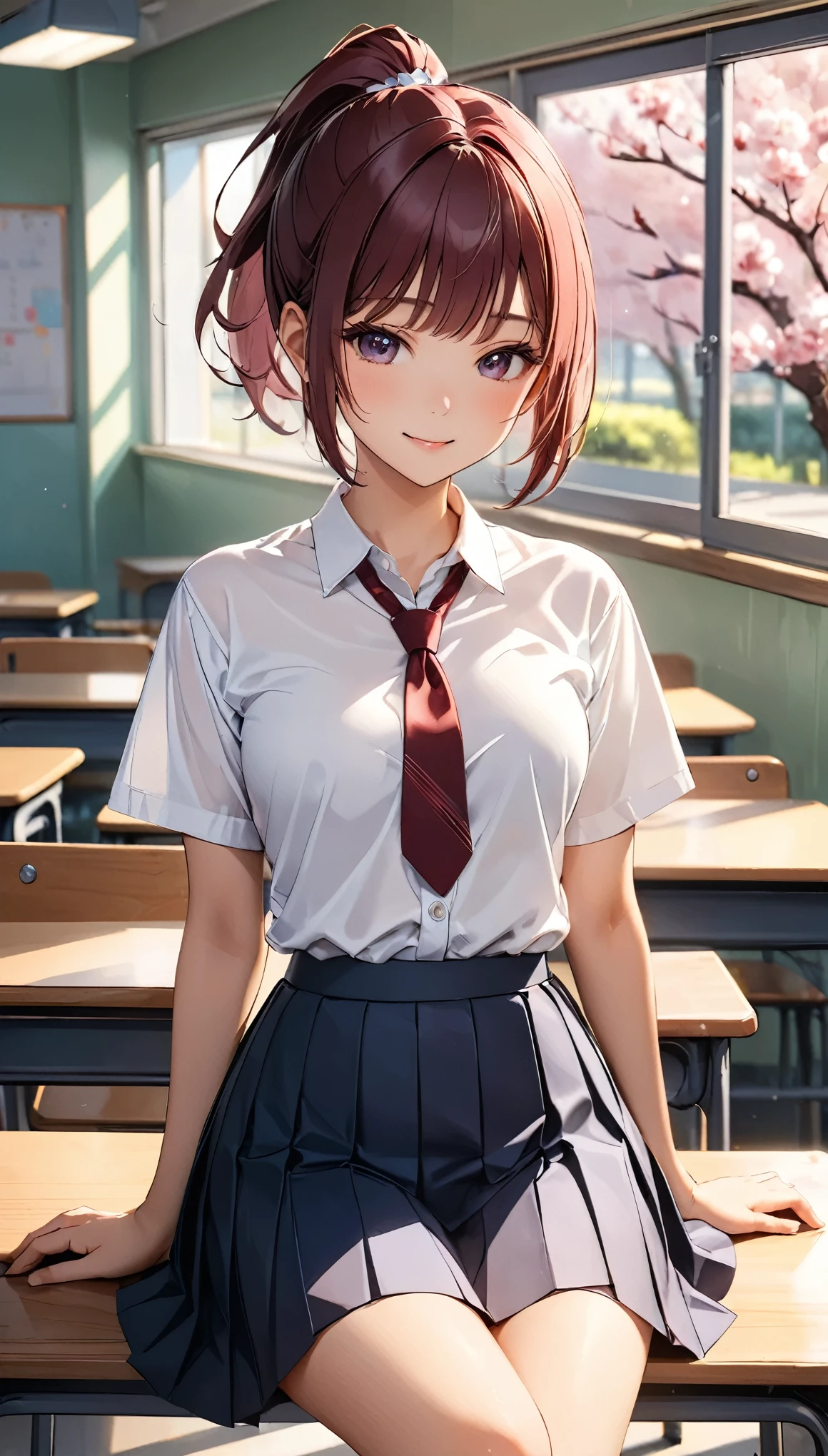 (masterpiece, Highest quality:1.2), 1 girl, alone、(Tabletop, Highest quality:1.2), 8k, 18-year-old, 85mm, Official Art, RAW Photos, Absurd, White dress shirt, Cute Face, close, Upper Body, Viola Lace, Gardenia, beautiful girl, (Dark red tie:1.1)、(Navy Pleated Skirt:1.1), Cinch waist, Thighs, Short sleeve, classroom, ponytail、short hair、short hair、sit on bench seat, Looking at the audience, No makeup, (smile:0.4), Film Grain, chromatic aberration, Sharp focus, Face Light, Bright lighting, Teen, Detailed face, ((Background blur,日本の学校のclassroom、classroom、Cherry tree seen from the window))