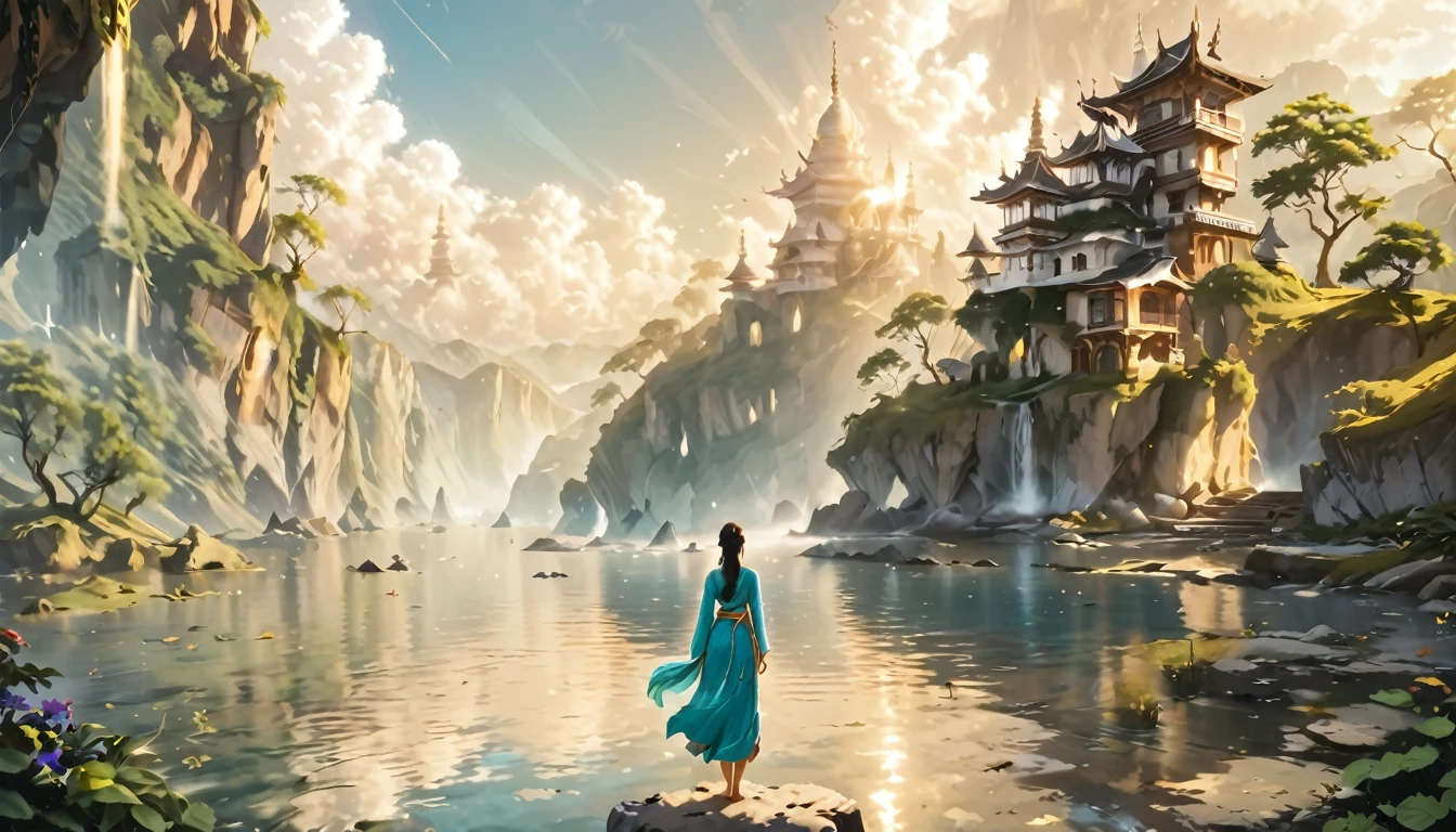 Namaste. Person meditating. Loose Clothes. dreamlike and fantasy world. Feeling of Fullness. details Intricate. cinematic lighting.