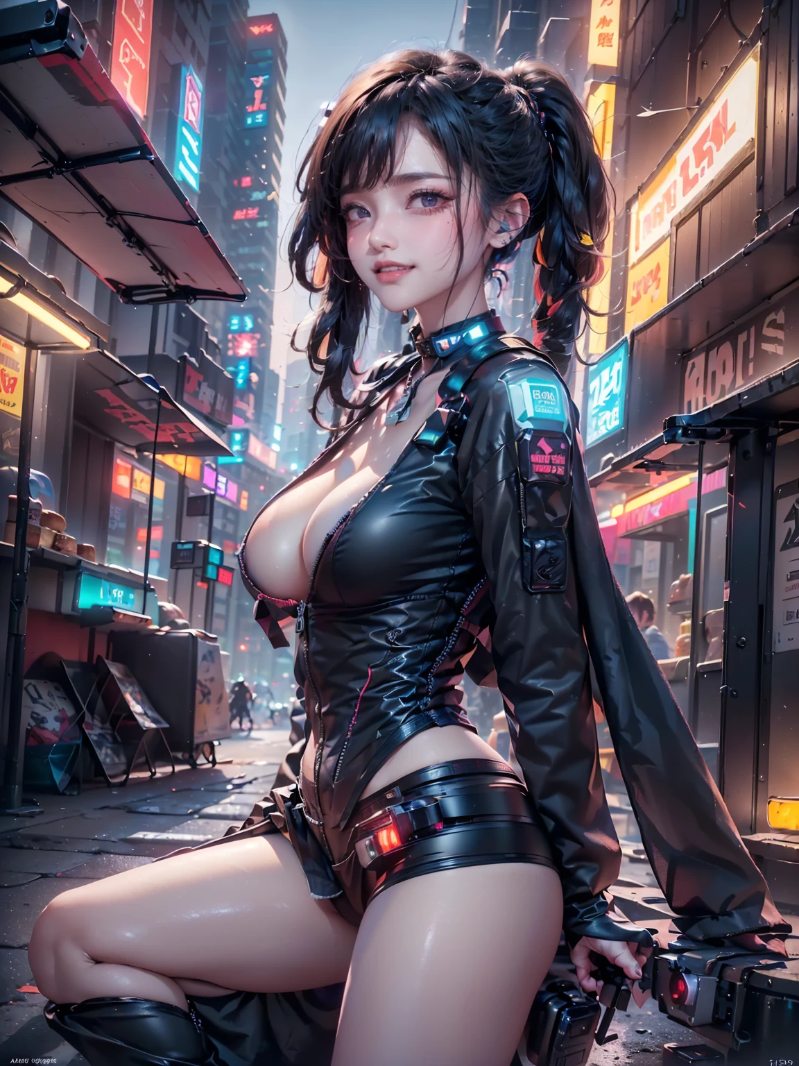 ((16K)),((masterpiece:1.3)), ((Highest quality)), ((Ultra-high resolution)), (Very detailed), (Realistic, photoRealistic:1.4), Perfect lighting,((Side light)), Written boundary depth, Surrealism,photo shoot, No makeup, Film Grain, chromatic aberration, Sharp focus, Face Light,((Beautiful detailsまでこだわった髪)),((Beautiful eyelashes)), Beautifully detailed face, Beautiful details, Beautiful clavicle, Beautiful body, Thin legs,Beautiful breasts, Pointed Chest,Beautiful legs, ((Detailed and carefully drawn hand)), Cleavage, Perfect Anatomy, Supermodel with a long neck,((Skinny1.3)),23 years old,Looking into the camera,(Perfect Anatomy,Anatomically correct, Very detailed肌), Glowing Skin,((beautiful girl:1.1)),(( large breasts :1.5)),shiny hair,((Beautiful ponytail hair)),((Mid-length hair:1.4, Wavy Hair:1.2, Black Hair),((See-through bangs:1.2)),Dainty facial structure,((A happy smile:1.3)),((Food Truck of the Future:1.4)) ,((Focus on burgers)),((I have a burger:1.2)),((Advertisements are projected into the sky:1.5)),((Drone delivered lunchbox:1.5)), ((leaning on rail:1.2)),(her legs spread in M legs:1.2), ((spread legs:1.2)),((from side)),((wearing Cyberpunk Gunfighter)), ((Futuristic Cyberpunk Outfit)), ((Don a futuristic ensemble with cyberpunk-inspired clothing, incorporating sleek lines and high-tech details, Gloves with Built-in Tech, Enhance the look with gloves that feature built-in tech elements, adding a sci-fi touch, Holographic Gun Holster, Carry a holographic gun holster for an avant-garde and visually striking appearance in a Hollywood-worthy action scene)),background((Background of a colorful cyberpunk Tokyo street at night. The scene features futuristic skyscrapers illuminated by neon lights and holographic advertisements. ((Flying vehicles zip through the sky)), while people in cyberpunk fashion walk the streets below, The walls of the buildings are adorned with giant digital screens displaying vibrant ads and animations. The ground is embedded with colorful LED lights, creating an ethereal and otherworldly atmosphere throughout the city)),((wide angle:1.5 )),