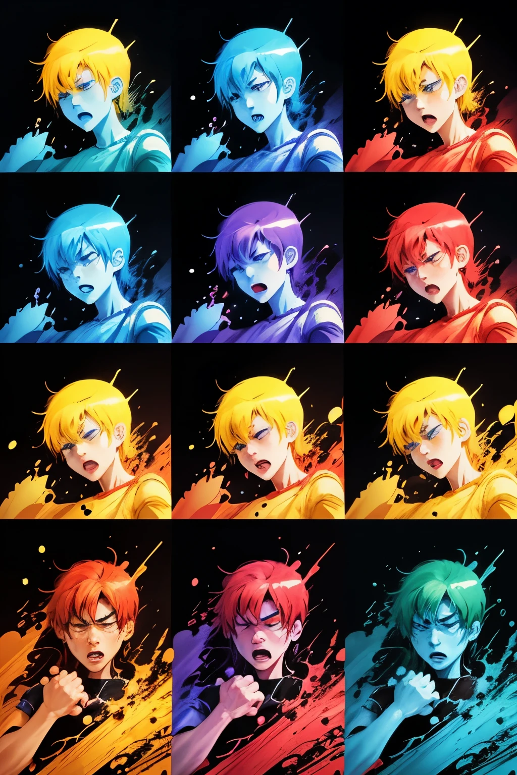 Create a comic where the colors represent the feelings experienced at that moment, such as blue, sadness, yellow, joy, red, anger or anger.