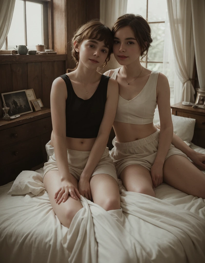 Sophia Lillis,, Soft belly, elegant, Open your mouth, Selfie , Long braids,whole body 、Beautiful old room、Relaxed atmosphere、mysterious、Old Polaroid Film、Very bright light、Photos taken by lovers、Intimate atmosphere、Two people in love、A rich variety of colors、Color、2024、smile、Shy expression