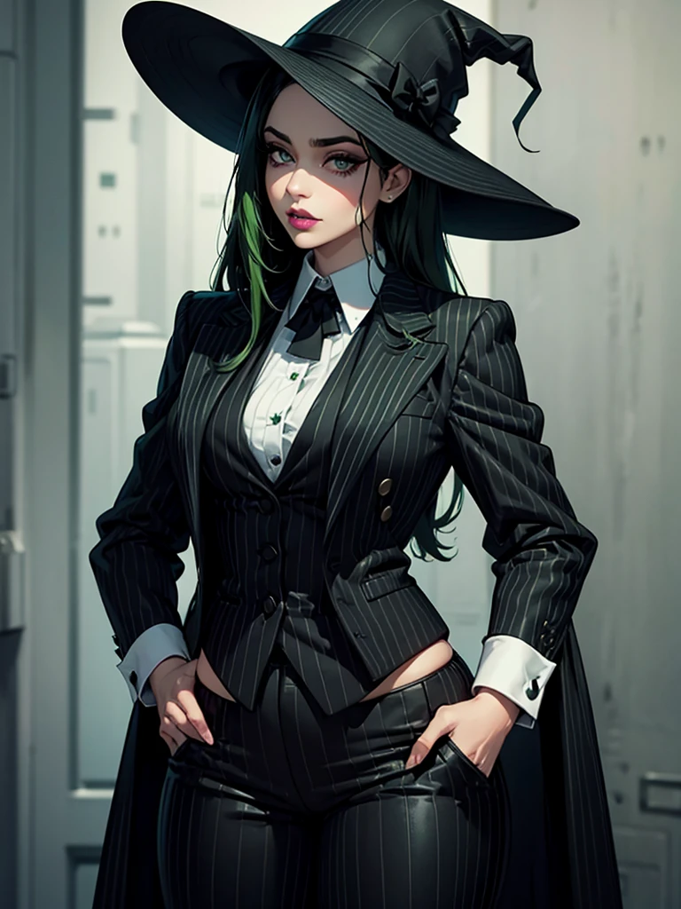 A woman. Black Pinstripe Suit. Hat. grenn eyes. Green lipstick. Green and Black Hair