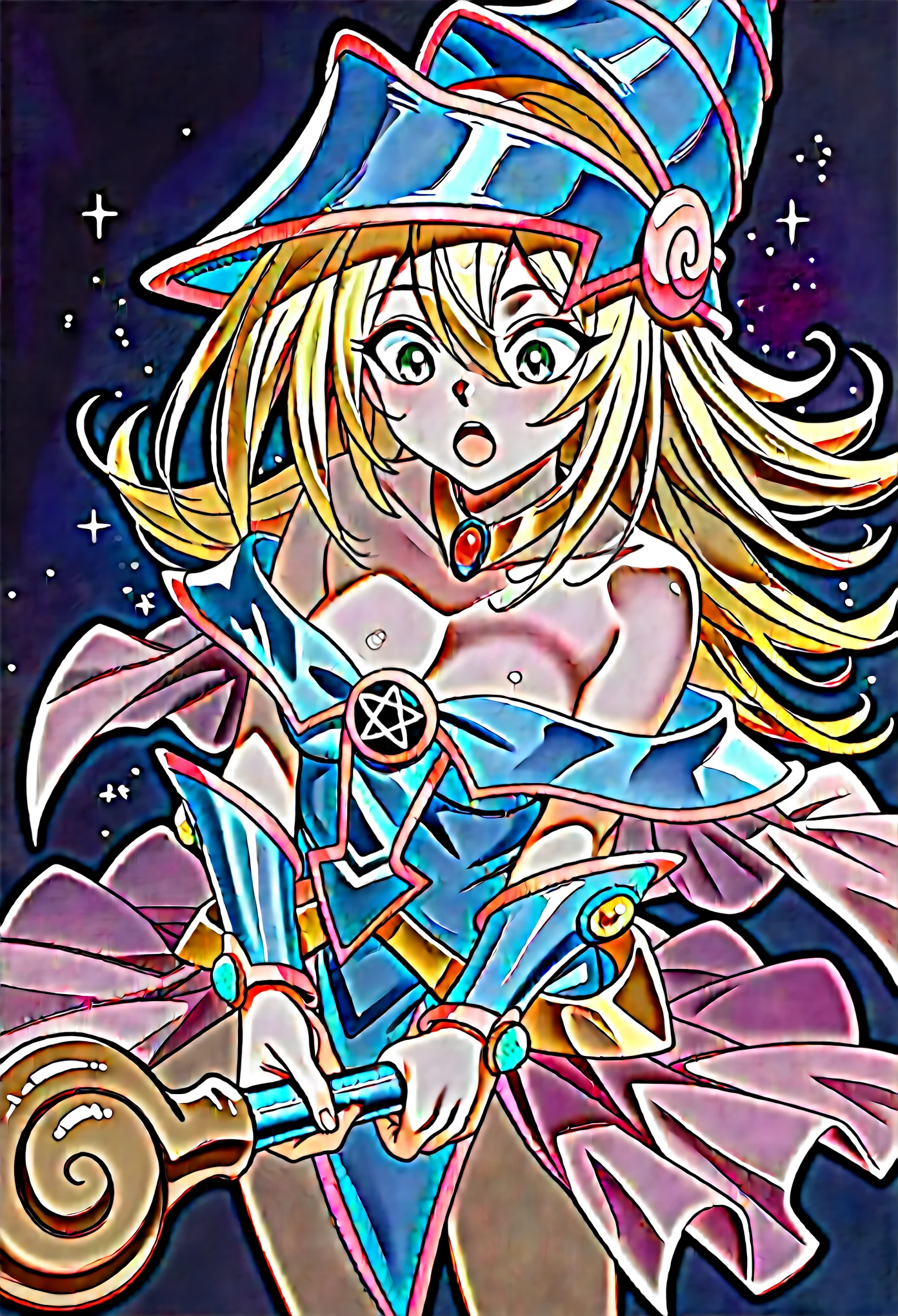 score_9, score_8_up, score_7_up, 1girl, solo, dark_magician_girl,blonde_hair,duel_monster,1girl,long_hair,green_eyes,bare_shoulders,wizard_hat, (small breasts), no cane, cleavage,hair_between_eyes, standing, surprised face, open mouth, opened hands, looking down, fantasy, galaxy,
