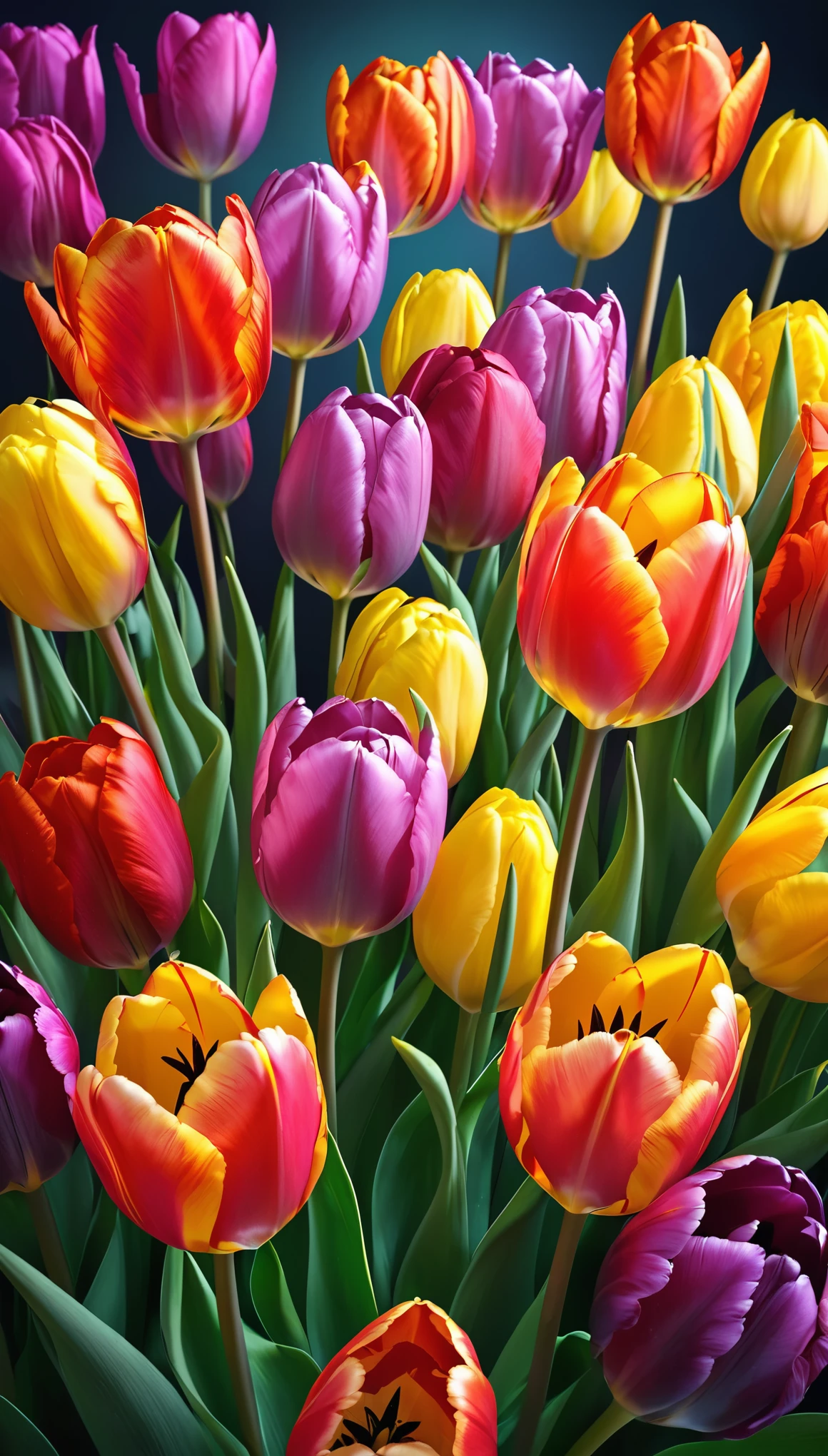 colorful vibrant tulips, lighting effects, gradation magic effects, (ultra detailed, absolutely resolution, best quality:1.3), 2.5D, delicate and dynamic, artistic photography, hyper realistic, graphic CG digital art