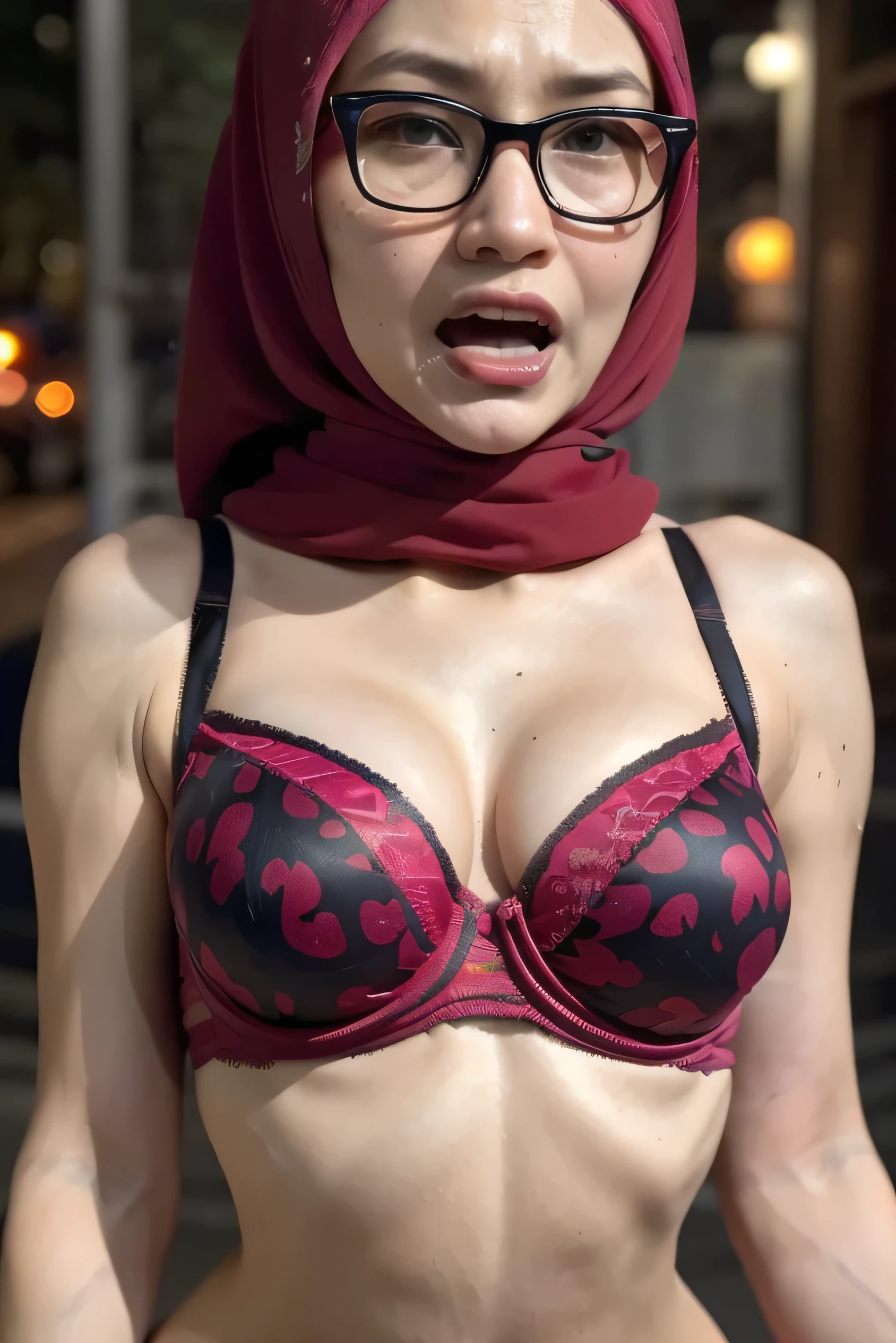 Spectacles, ((Old body lady:1.2)), ((Old lady:1.7)), (screaming pain face expression:1.3), (((HIJAB MALAY GIRL))), masutepiece, High quality, UHD 32K, Realistic face, Realistic skin feeling , A Japanese Lady, 58 years old matured lady, , Very cute and baby-like face, (((FLAT CHEST))), (Night time at forest), ((look In front  at the camera and SADNESS)), (((CUTE GIRL))), ((DARK RED FLUORESCENT LIPS)), ((Leopars Pattern)) little ((wearing strapless bra)), strapless colorful bra, dark night background , black forest night, horror scary place, (from behind up) seductive pose, ((Huge bra:1.6)) Heavy Nipples, ((RED BACKGROUND))