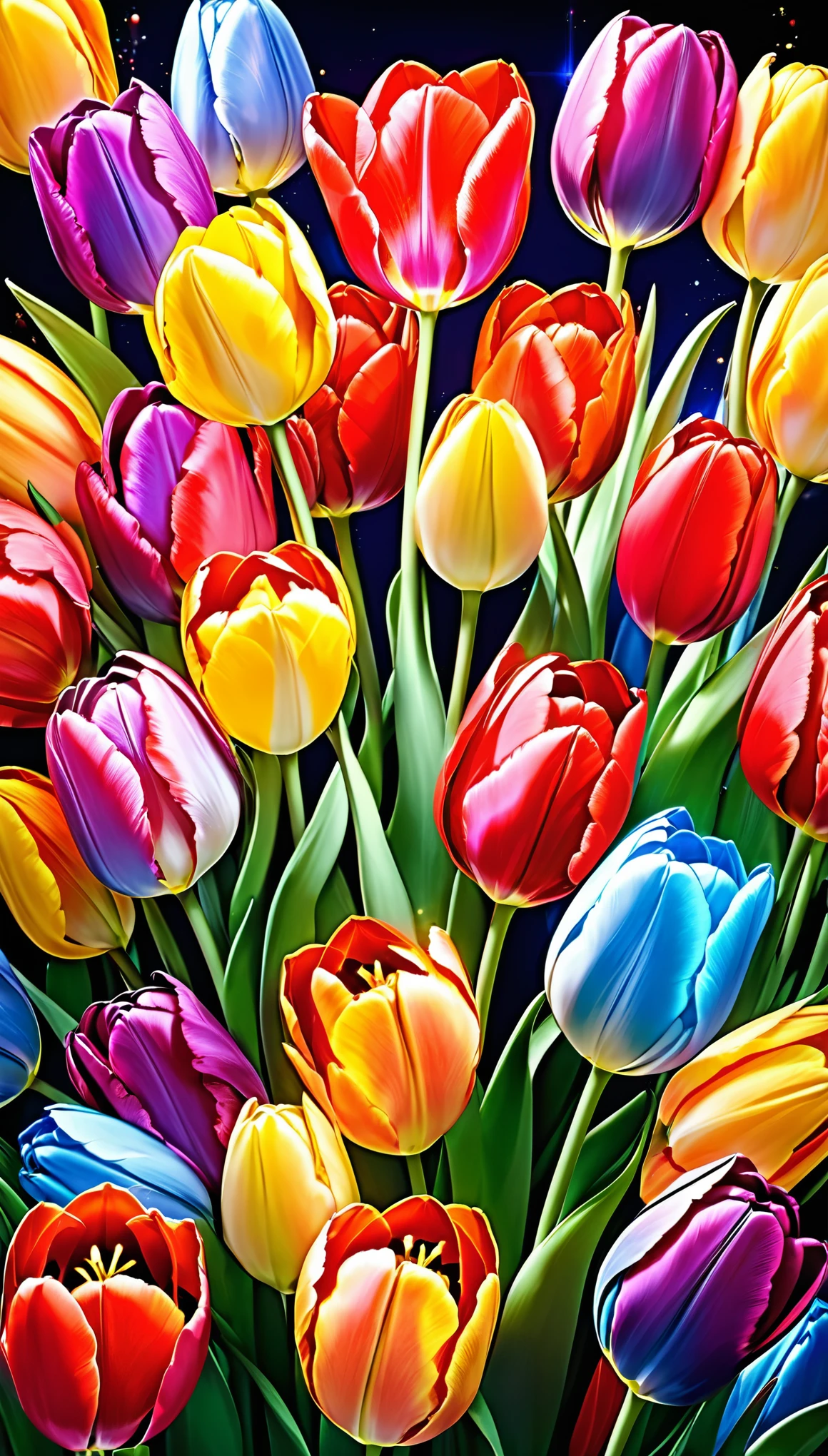 tulip embroidery made with seven-colored threads of gold and silver, gradation magic effects, (ultra detailed, absolutely resolution, best quality:1.3), 2.5D, delicate and dynamic, artistic photography, hyper realistic, graphic CG digital art