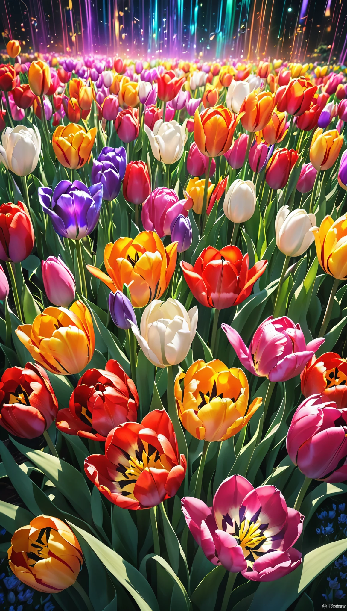 tulip embroidery made with seven-colored threads of gold and silver, gradation magic effects, (ultra detailed, absolutely resolution, best quality:1.3), 2.5D, delicate and dynamic, artistic photography, hyper realistic, graphic CG digital art