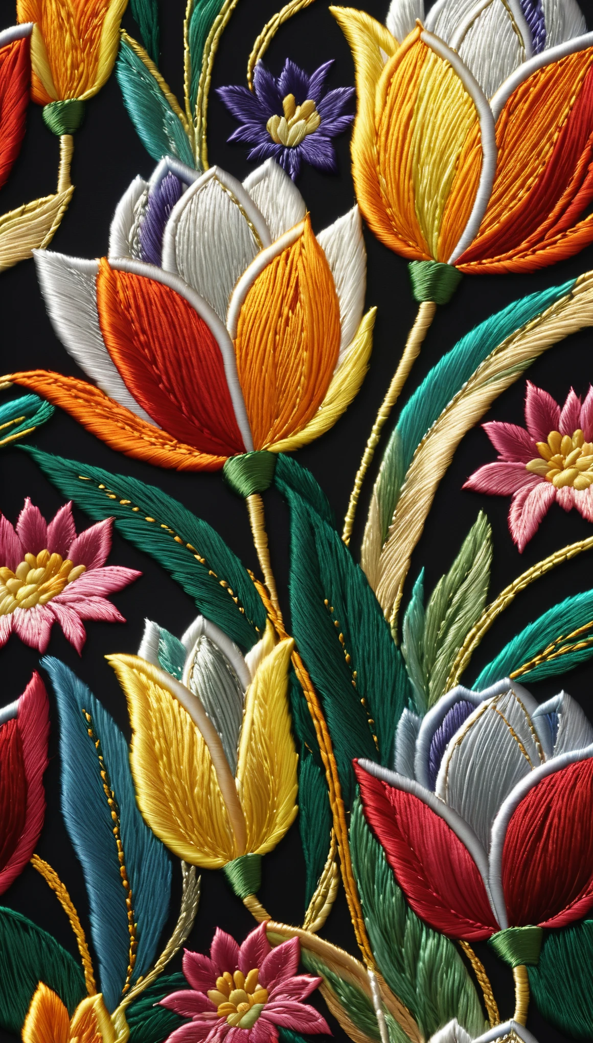 tulip embroidery made with seven-colored threads of gold and silver, gradation magic effects, (ultra detailed, absolutely resolution, best quality:1.3), 2.5D, delicate and dynamic, artistic photography, hyper realistic, graphic CG digital art