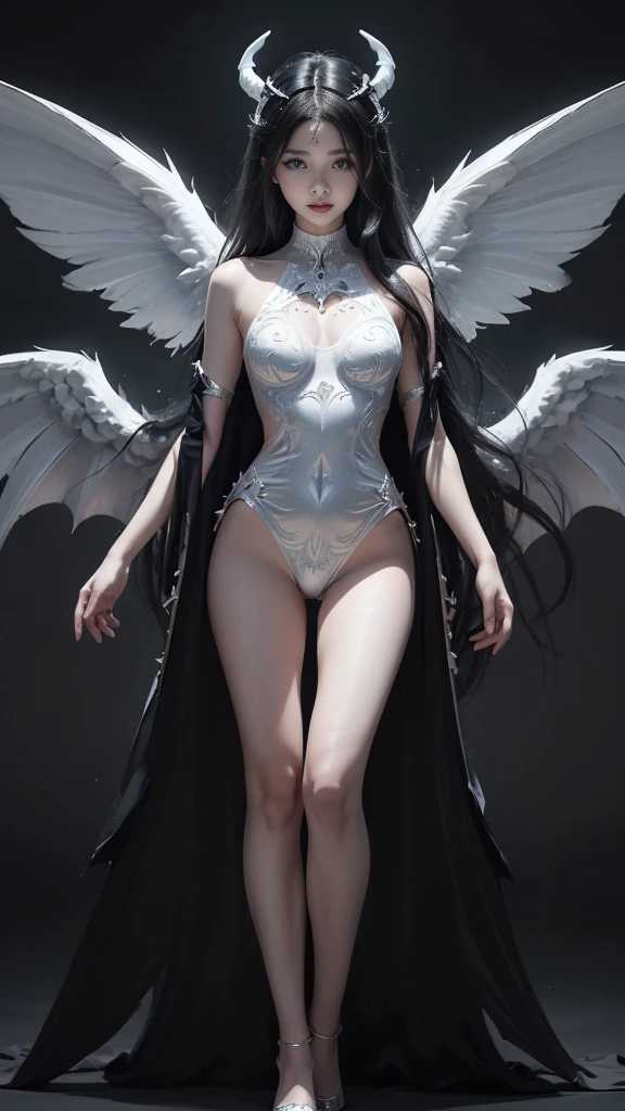 emphasis on wings, wings on shoulder, Angel wings and devil wings, white wings and black wings, (Realistic picture, highest resolution, 16ก), (A demon god with wide wings and enormous power on his shoulders..., Twelve wings on the shoulders., black bat wings:1.3 white angel wings:1.5), 6 angel wings, 6 devil wings, (Beautiful girl with two meter long hair, shiny black hairงาม, Smooth white skin, Lips are very red.), ((stand, already)), (big breasts, หัวBig tits), (gigantic breast, breast augmentation, Breast 400 cc., small waist, hips raised, small thighs, Long legs), (dynamic poses), (Armor that slightly conceals the body), Separate theme, (Angel wings and devil wings), floating in the air above the groundดิน, background darkness, Embraced with twelve wings, The horns that grow from the head are like a crown., He who has light, wears little armor, There is power coming out of the body., sparkling wings, white light black light, amazing wings, beautiful gesture, 8K resolution, Resolution 4000 x 2250 pixels, beautiful gesture, Angel wings and devil wings, (Realistic picture, highest resolution, 16K), (A demon god with wide wings and enormous power on his shoulders.., Twelve wings on the shoulders., black bat wings:1.3 white angel wings:1.5), Angel wings and devil wings, white wings and black wings,, Have wings 100 Have wings 1000, Angel wings and bat wings, wings inserted between wings, 12 wings, 6 angel wings, 6 bat wings, Angel wings and devil wings, white wings and black wings,, (Beautiful girl with two meter long hair, shiny black hair, Smooth white skin, Lips are very red.), very long hair, ((stand, toe)), (big breastsโต, หัวBig tits), (gigantic breast, small waist, hips raised, small thighs, Long legs), (dynamic poses), (black and white leotard, There are beautiful patterns., Decorated with gold embroidery., Show off your chest), Separate theme, (Angel Wings and Demon Lord Wings), floating in the air above the ground, background darkness, Embraced with twelve wings, He is white and black., A rainbow glow on the back of the head, The most busty breasts, Big tits, universe backdrop, dynamic gesture, Drive the skin, Smooth white skin, (The wings are in layers, alternating with white, alternating with black. The wings are alternating with layers of white, alternating with layers of black, and alternating again.), gold pattern set