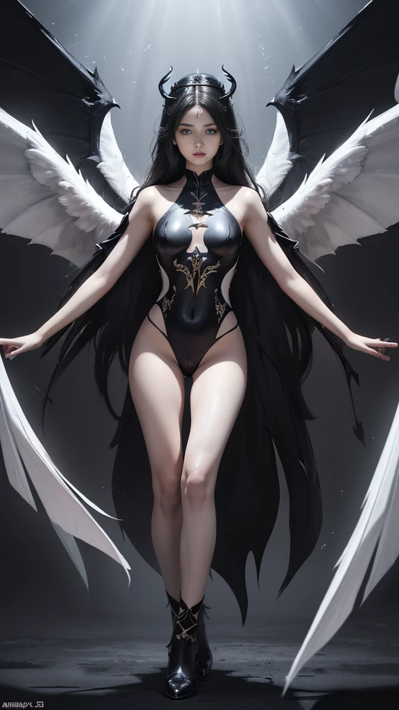 emphasis on wings, wings on shoulder, Angel wings and devil wings, white wings and black wings, (Realistic picture, highest resolution, 16ก), (A demon god with wide wings and enormous power on his shoulders..., Twelve wings on the shoulders., black bat wings:1.3 white angel wings:1.5), 6 angel wings, 6 devil wings, (Beautiful girl with two meter long hair, shiny black hairงาม, Smooth white skin, Lips are very red.), ((stand, already)), (big breasts, หัวBig tits), (gigantic breast, breast augmentation, Breast 400 cc., small waist, hips raised, small thighs, Long legs), (dynamic poses), (Armor that slightly conceals the body), Separate theme, (Angel wings and devil wings), floating in the air above the groundดิน, background darkness, Embraced with twelve wings, The horns that grow from the head are like a crown., He who has light, wears little armor, There is power coming out of the body., sparkling wings, white light black light, amazing wings, beautiful gesture, 8K resolution, Resolution 4000 x 2250 pixels, beautiful gesture, Angel wings and devil wings, (Realistic picture, highest resolution, 16K), (A demon god with wide wings and enormous power on his shoulders.., Twelve wings on the shoulders., black bat wings:1.3 white angel wings:1.5), Angel wings and devil wings, white wings and black wings,, Have wings 100 Have wings 1000, Angel wings and bat wings, wings inserted between wings, 12 wings, 6 angel wings, 6 bat wings, Angel wings and devil wings, white wings and black wings,, (Beautiful girl with two meter long hair, shiny black hair, Smooth white skin, Lips are very red.), very long hair, ((stand, toe)), (big breastsโต, หัวBig tits), (gigantic breast, small waist, hips raised, small thighs, Long legs), (dynamic poses), (black and white leotard, There are beautiful patterns., Decorated with gold embroidery., Show off your chest), Separate theme, (Angel Wings and Demon Lord Wings), floating in the air above the ground, background darkness, Embraced with twelve wings, He is white and black., A rainbow glow on the back of the head, The most busty breasts, Big tits, universe backdrop, dynamic gesture, Drive the skin, Smooth white skin, (The wings are in layers, alternating with white, alternating with black. The wings are alternating with layers of white, alternating with layers of black, and alternating again.), gold pattern set