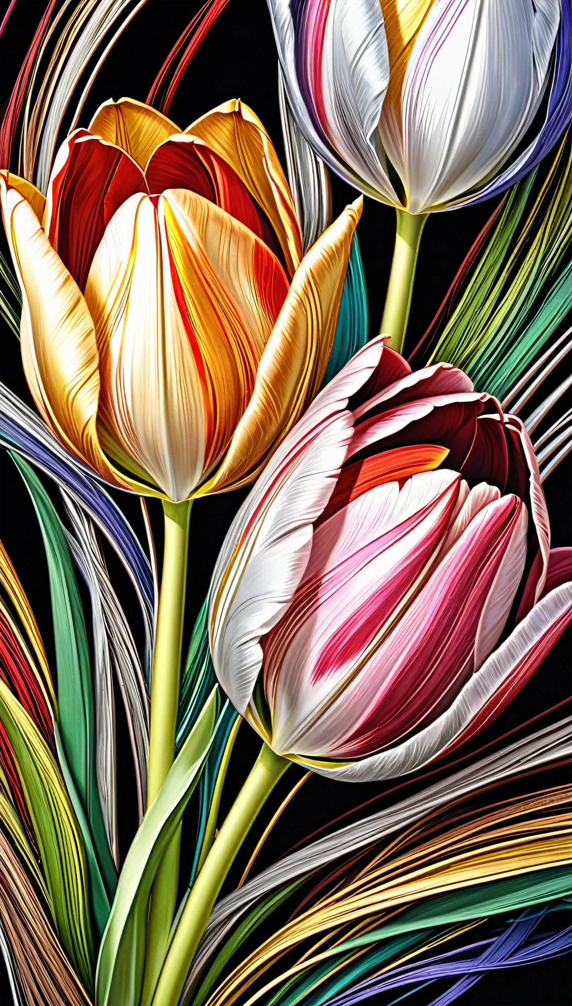 tulip embroidery made with seven-colored threads of gold and silver, gradation magic effects, (ultra detailed, absolutely resolution, best quality:1.3), 2.5D, delicate and dynamic, artistic photography, hyper realistic, graphic CG digital art