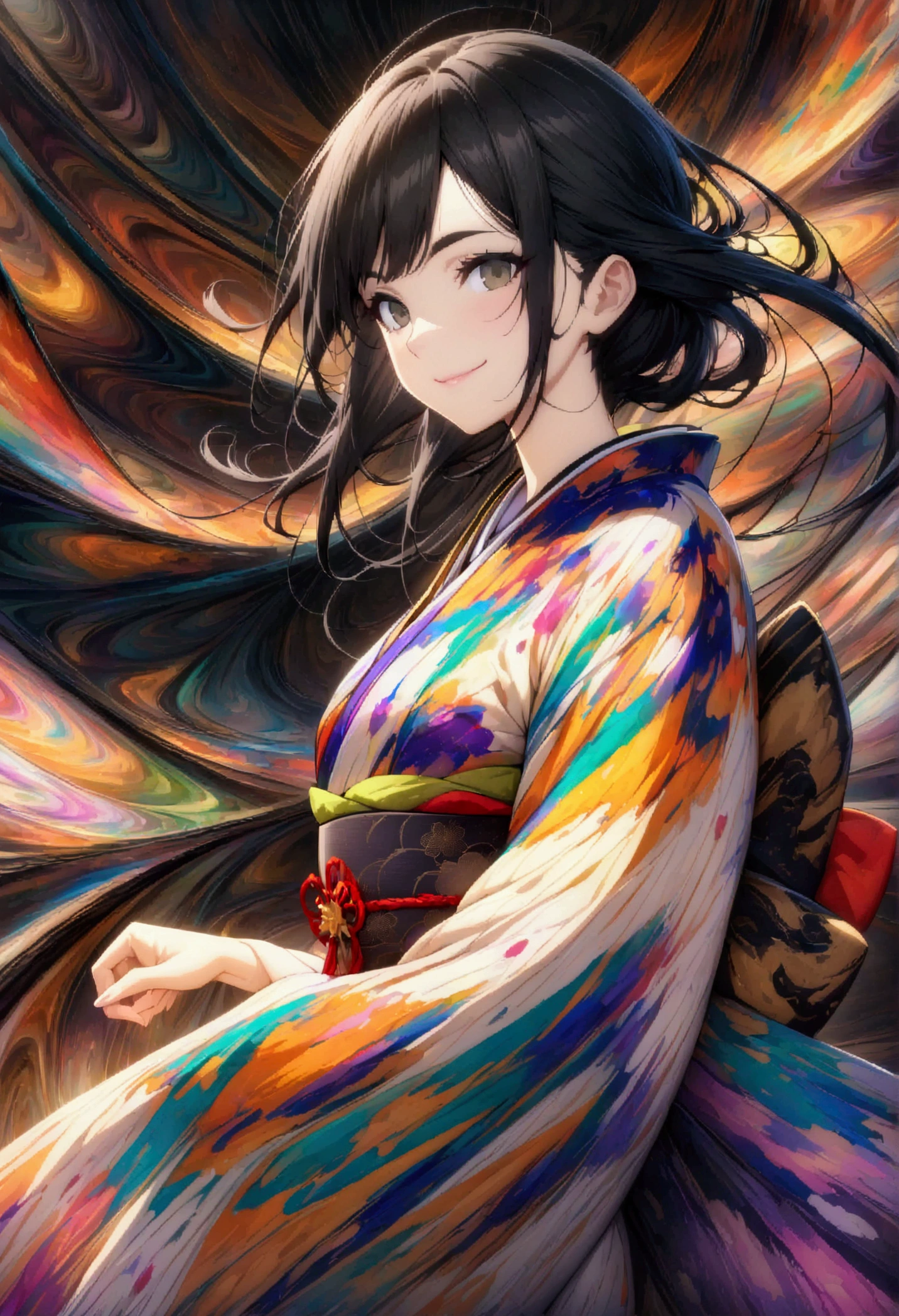 (masterpiece, Highest quality, Highest quality, Official Art, beautifully、aesthetic:1.2), (One girl:1.3), Very detailed,(Fractal Art:1.1), Most detailed,(Tangled:1.2), (Dynamic pose), (Abstract background:1.5), (Japanese Kimono:1.8), (Glowing Skin), (Many colors:1.4),  (Black Hair:1.5), (Smile with confidence:1.2).