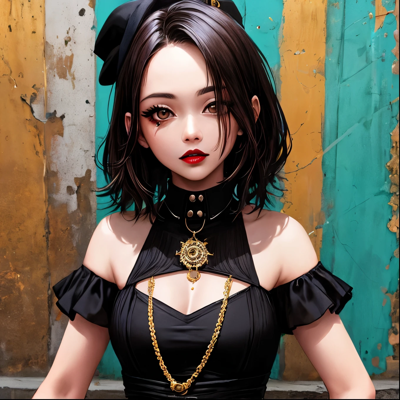 (Master Parts, Highest quality), Deep Ebony 1 Girl, Beautiful Face, Kimberly_Jackson, Cachos Librementos Pendulados, Brown lips,Street Fashion,Wall Art Background,gangsta,