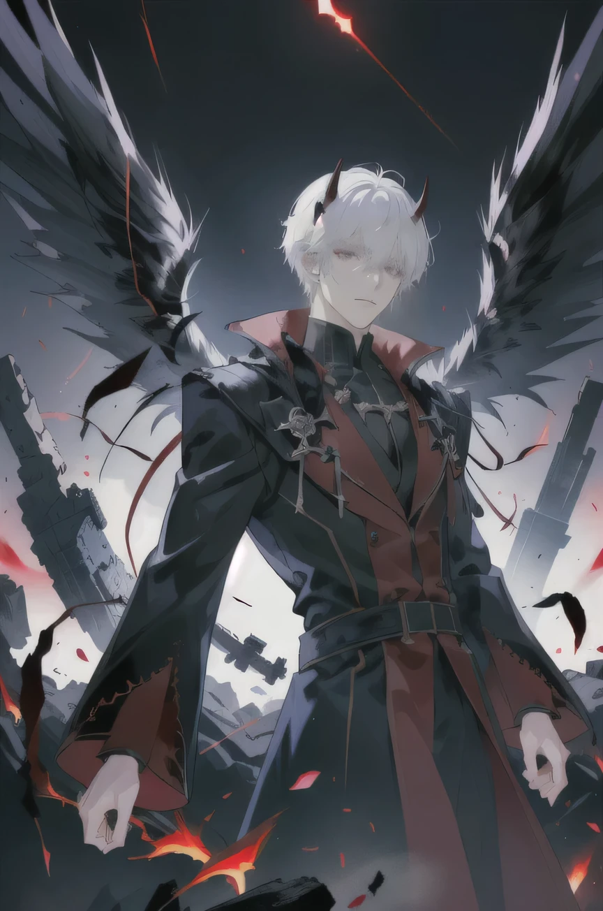 Anime characters in a dark room full of rubble, White hair，Very large hovering horns，Dark red and black robe，Black eyes，Sense of atmosphere，Suits，male，Black Wings