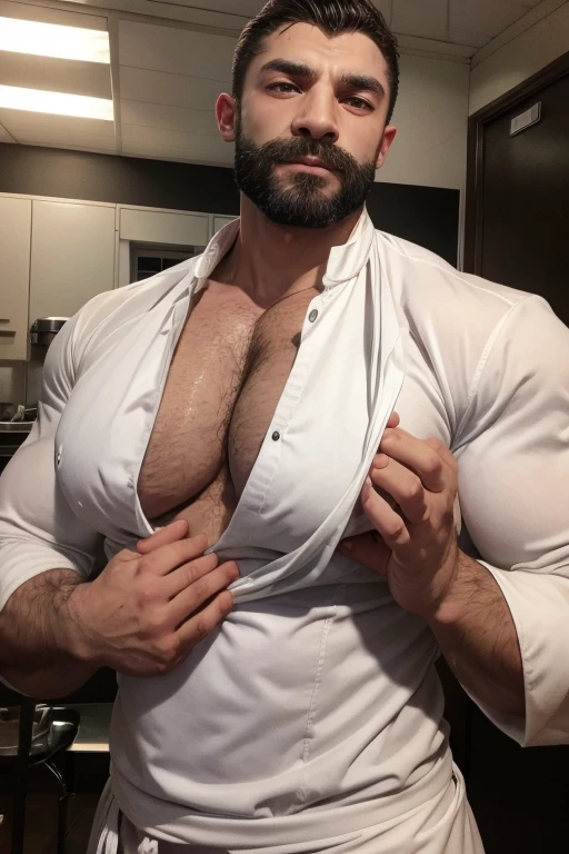 Very muscular Italian man in chef clothes with bare breasts touching his chest