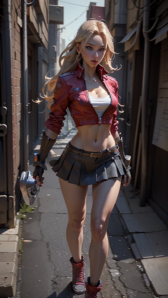 a beautiful woman wearing a sexy Supergirl costume, blonde hair, blue eyes, detailed background, red mini skirt, flat stomach, beautiful slender hands, cyberpunk superhero outfit, apocalyptic city on fire, (best quality,4k,8k,highres,masterpiece:1.2),ultra-detailed,(realistic,photorealistic,photo-realistic:1.37),HDR,UHD,studio lighting,ultra-fine painting,sharp focus,physically-based rendering,extreme detail description,professional,vivid colors,bokeh,concept art