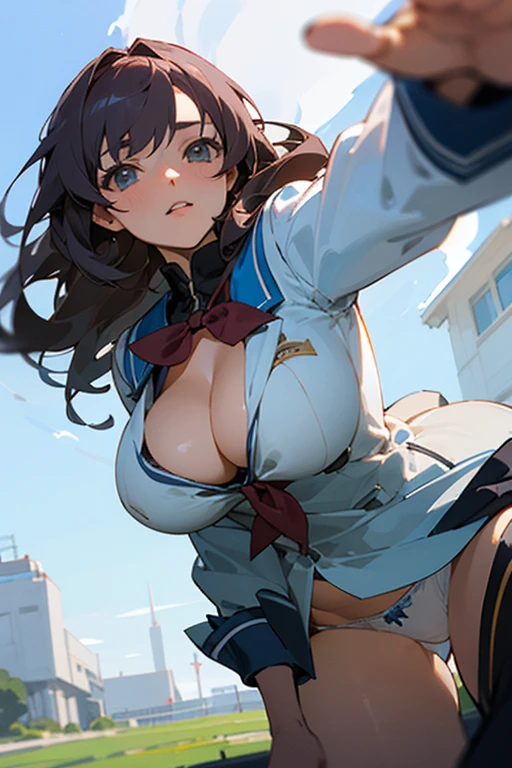 ((best quality)), ((masterpiece)), (detailed), anime girl in school uniform 18 years old in a landscape of a famous school and cleavage, wties ((view from)