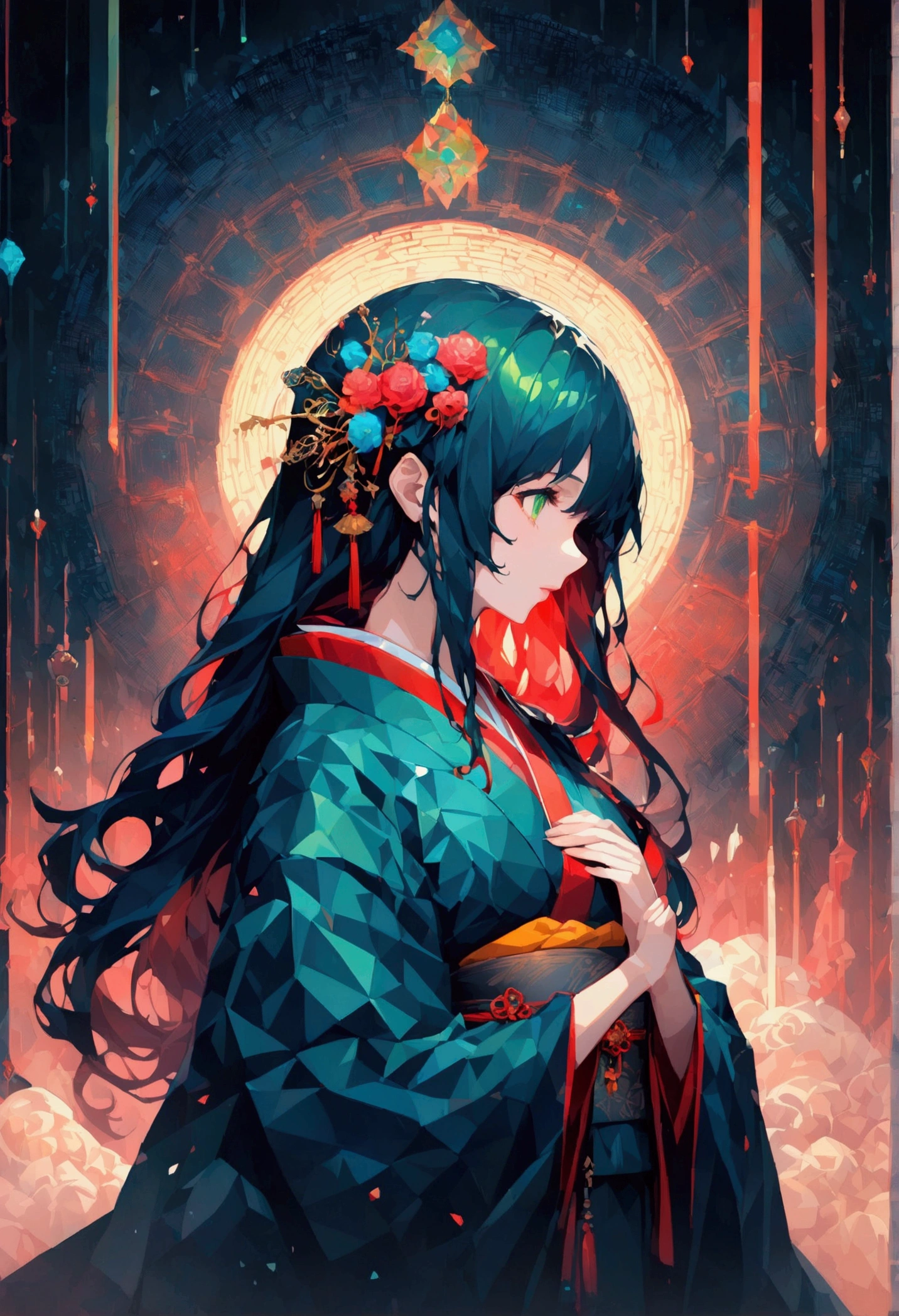masterpiece, (beautifully、aesthetic:1.5), Surrealism, Very detailed, anime, A profile picture of a girl, wear Kimono, Her hair was adorned with beautiful ornaments, Long Hair, Green Eyes, Red and navy blue color palette, Hard brush, Binary Code Effect, Minimalist low poly collage illustration, Painting effect, Dark ink, saturated color, Hypercube, Pixel Sorting, A magnificent composition, Epic proportions, Dynamic Lighting, High resolution