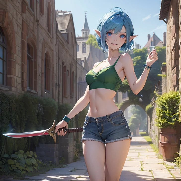 Absurdres, masterpiece, highest quality, very detailed features and textures, alone solo character, anime style, fantasy genre
{{(14 years old blue haired elf girl: (pale skin, short messy spiky sapphire blue hair, heterochromatic eyes, very thin lips, nice teenage body, breasts, big butt, beautiful arms, beautiful legs, happy face, open smile, open arms, standing relaxed, looking at viewer), (green sport bra, brown jean shorts, green wristbands, brown boots, giant claymore sword), (castle yard, red floor, grey colored castle)}}