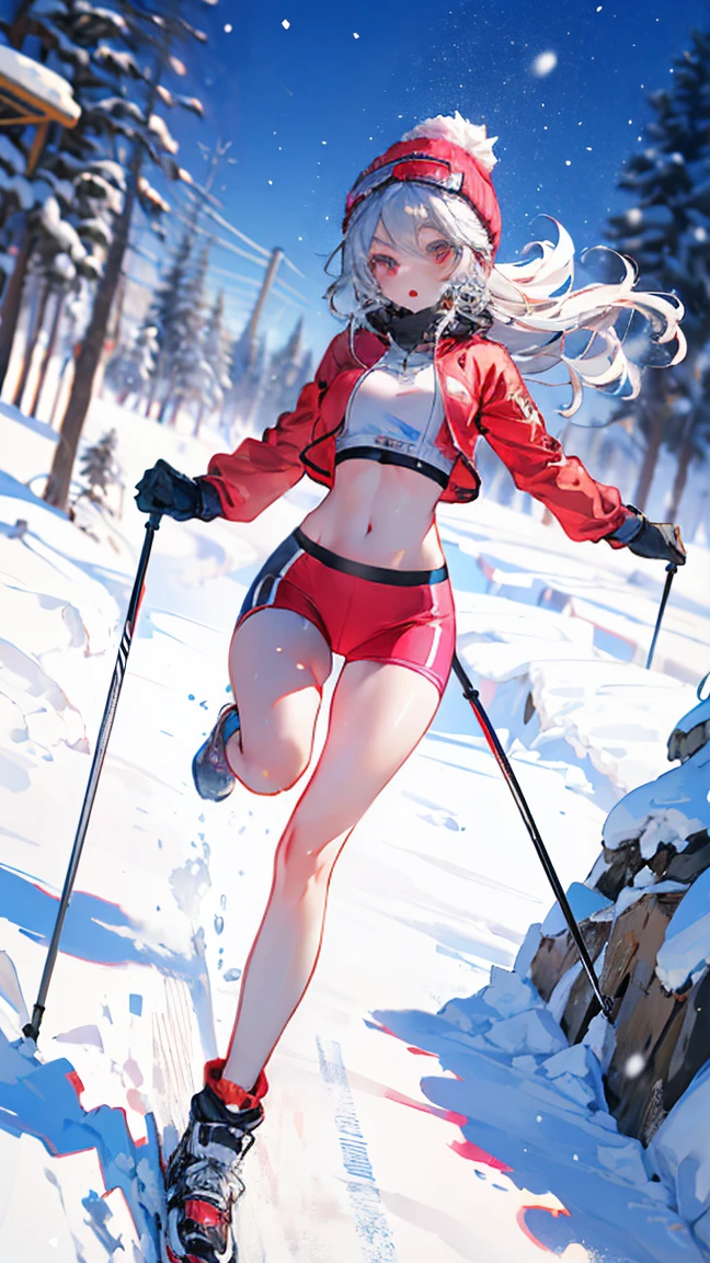 dynamic poses, full body image, super wide angle, A girl wearing fluorescent red clothes skiing in the snow, Meticulous attention to clothing and fashion, action, Gym_, exposed abdomen, (Slim:1.1), (long legs:1.3), (Slim legs:1.2), Background is snow, 3D rendering, Overclocked renderer, 8K， big breast