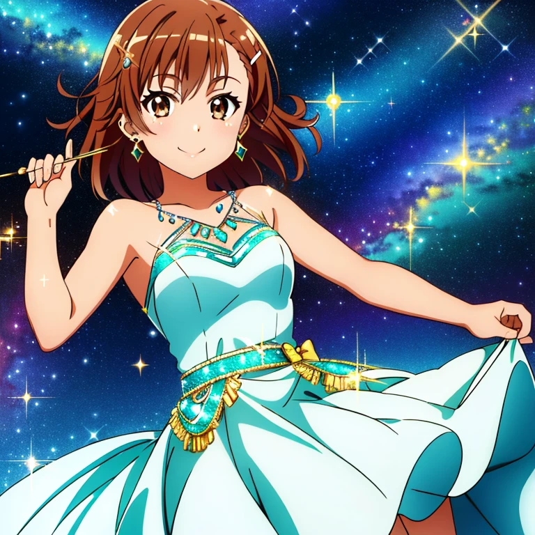 (masterpiece, best quality, 8k:1.2),Very detailed, (anime:1.1), misaka_mikoto, brown hair, medium hair, hairpin, 16 years old, medium breasts, 1girl, (Sparkly dress, shiny dress, earrings, smile), Cowboy shot, looking at viewer,