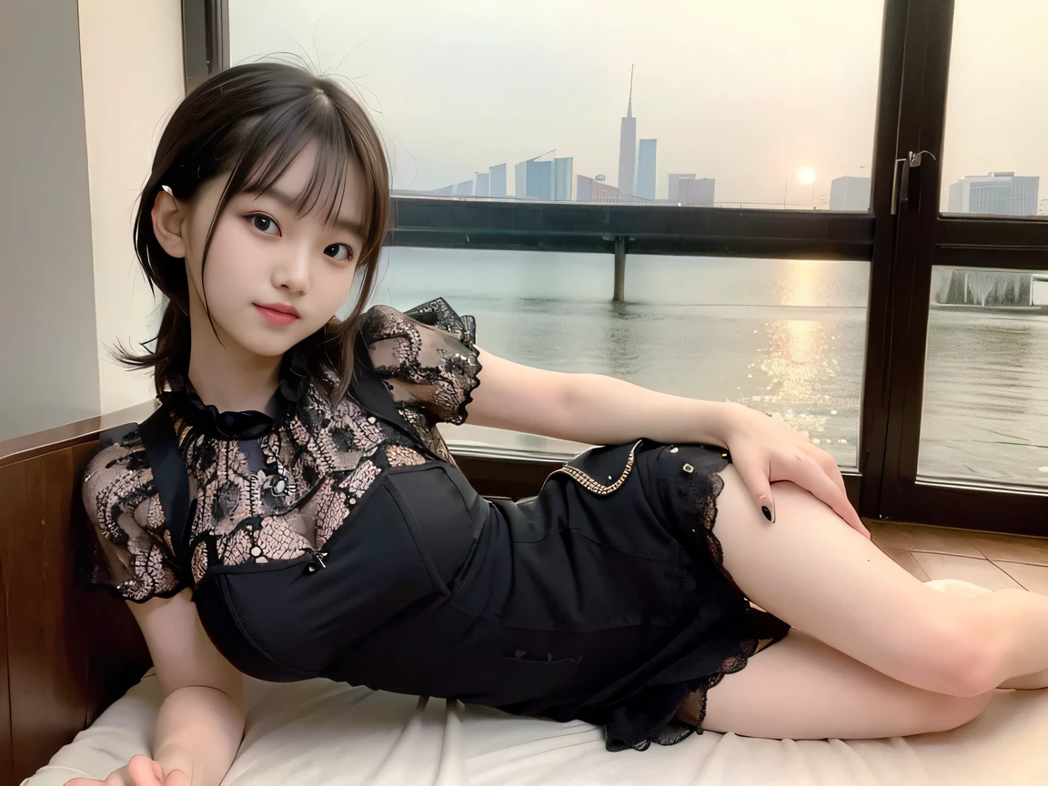(Highest quality, masterpiece, Ultra-high resolution, 8k, RAW Photos, Realistic, Anatomically correct:1.5), 20-year-old girl:1.2, Embarrassing, avert your eyes, blush:1.0, View Viewer, ((bar)) 、Large windows、Night view、 Light:1.2, Bokeh, Cinema Lighting:1.0, Depth of written boundary, sharp、 Cute Face、Idol、(Black short sleeve lace top)、(Black tulle skirt)、Shiny clothes、”dwarf”、(Floral clothes)、(Full Body Shot)、(Side angle)、Cowboy Shot、(( smile))、((Ultra short hair、Berry Short))、(Straight bangs)、((See-through))、(( One Girl))、Waist、I can see your thighs、Shot from behind、Sexy pose、