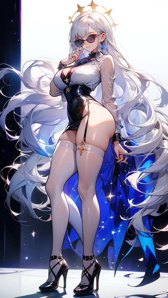 ((masterpiece, best quality)),Idol singer,Royal sister,sunglasses,Pure white background,Detailed face,Smile,whole body,Perfect body proportions,Glowing milky white eyes,sexly,Tattoo,extremely beautiful,transparent,High heel,Fishnet stockings,Star decoration,