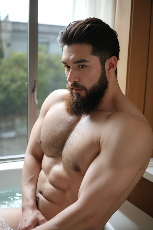 ((best quality)), ((masterpiece)), (detailed), perfect big detailed hairy plump muscle man in bath , beard, dark skin color, skinhead, Japanese men,